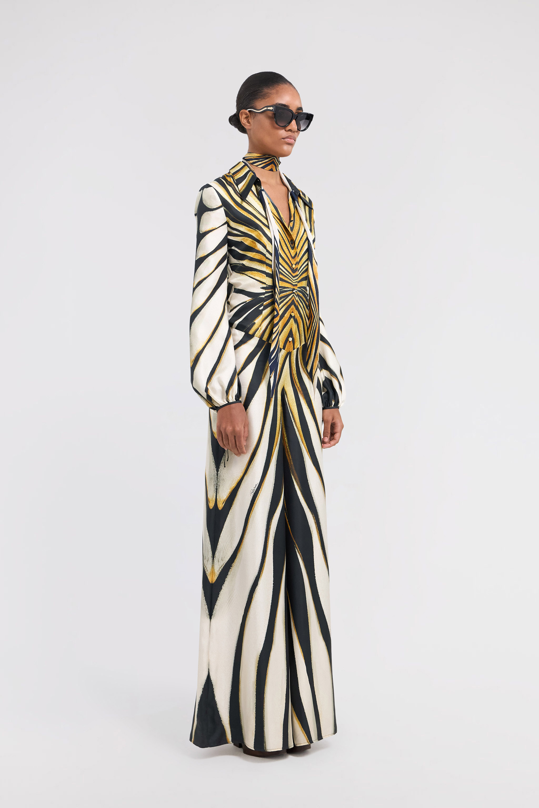 Roberto Cavalli Ray Of Gold Print Silk Jumpsuit In Gold