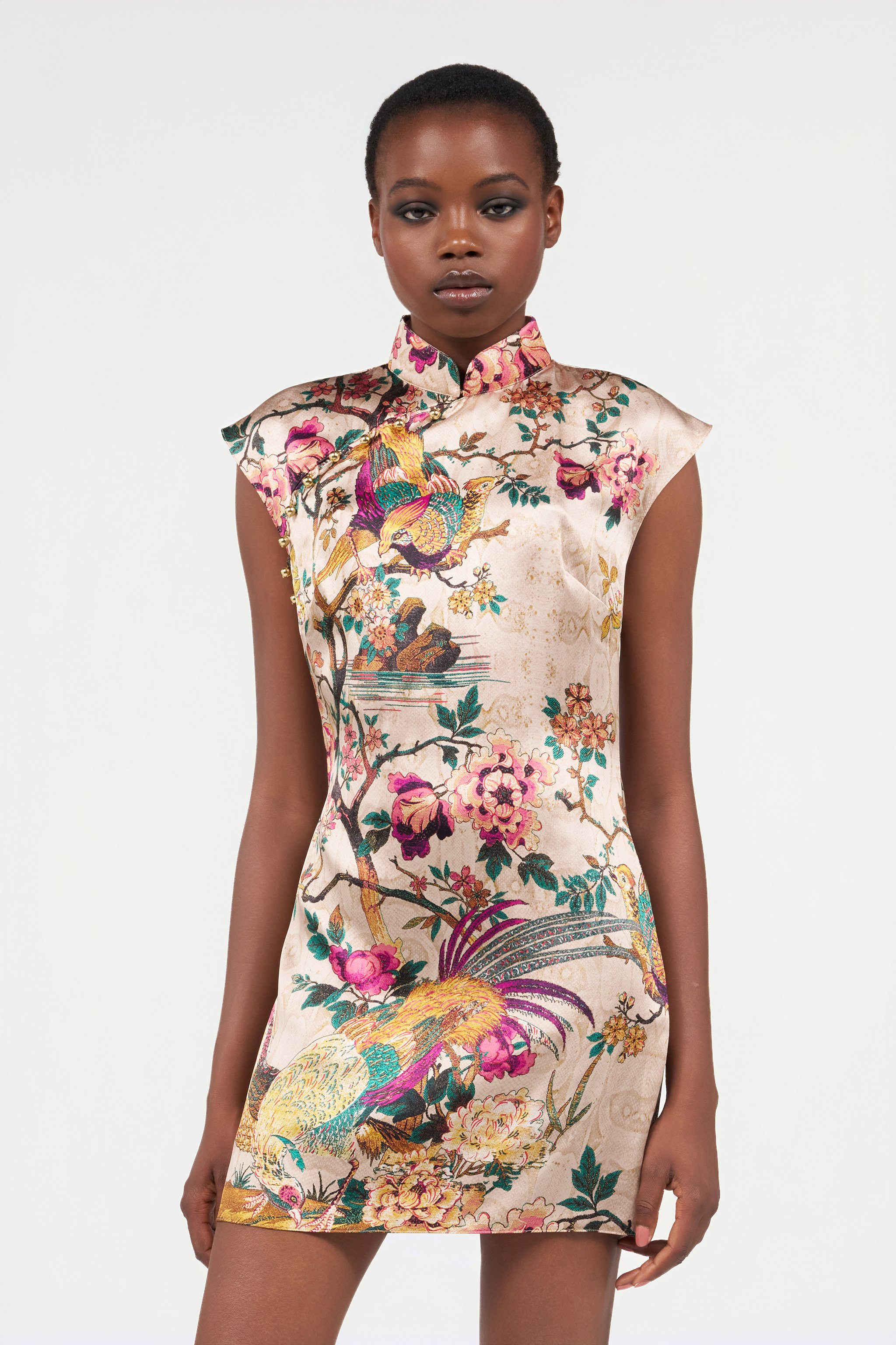 Oriental Bird Print Silk Mini Dress