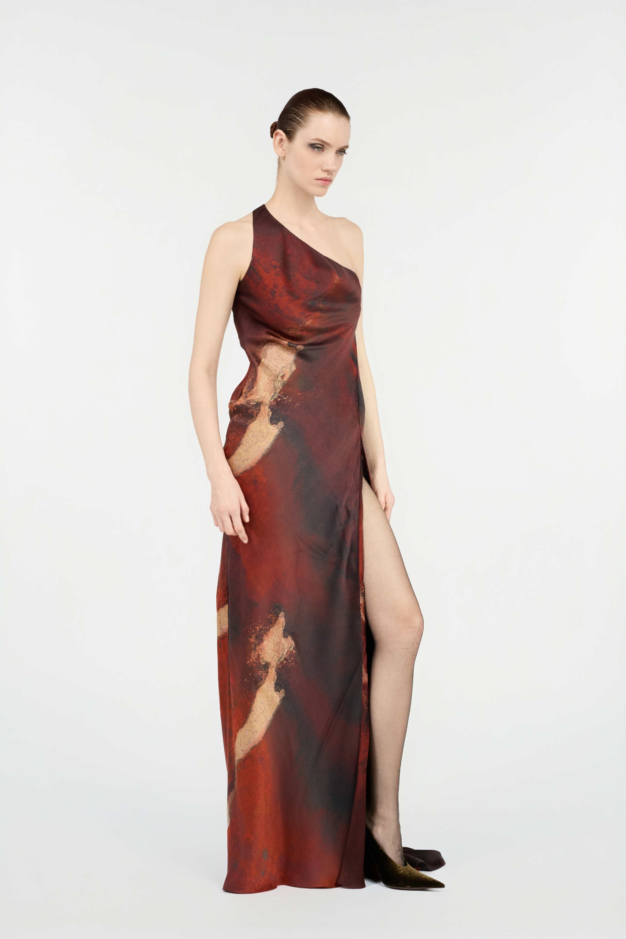 Roberto Cavalli Women's Red Long Silk Dress With Marble Print