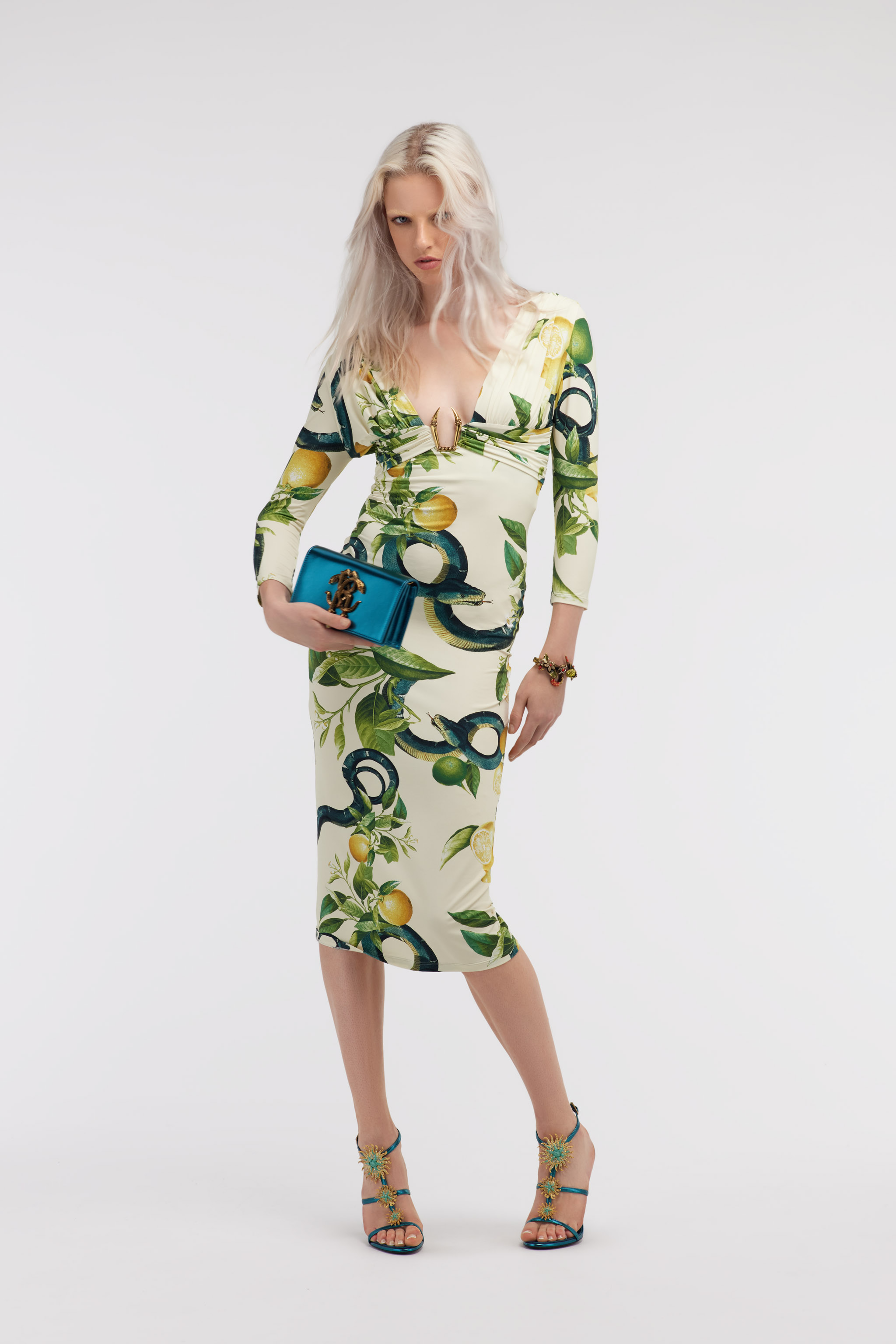 Roberto Cavalli Lemon Print Dress In Ivory