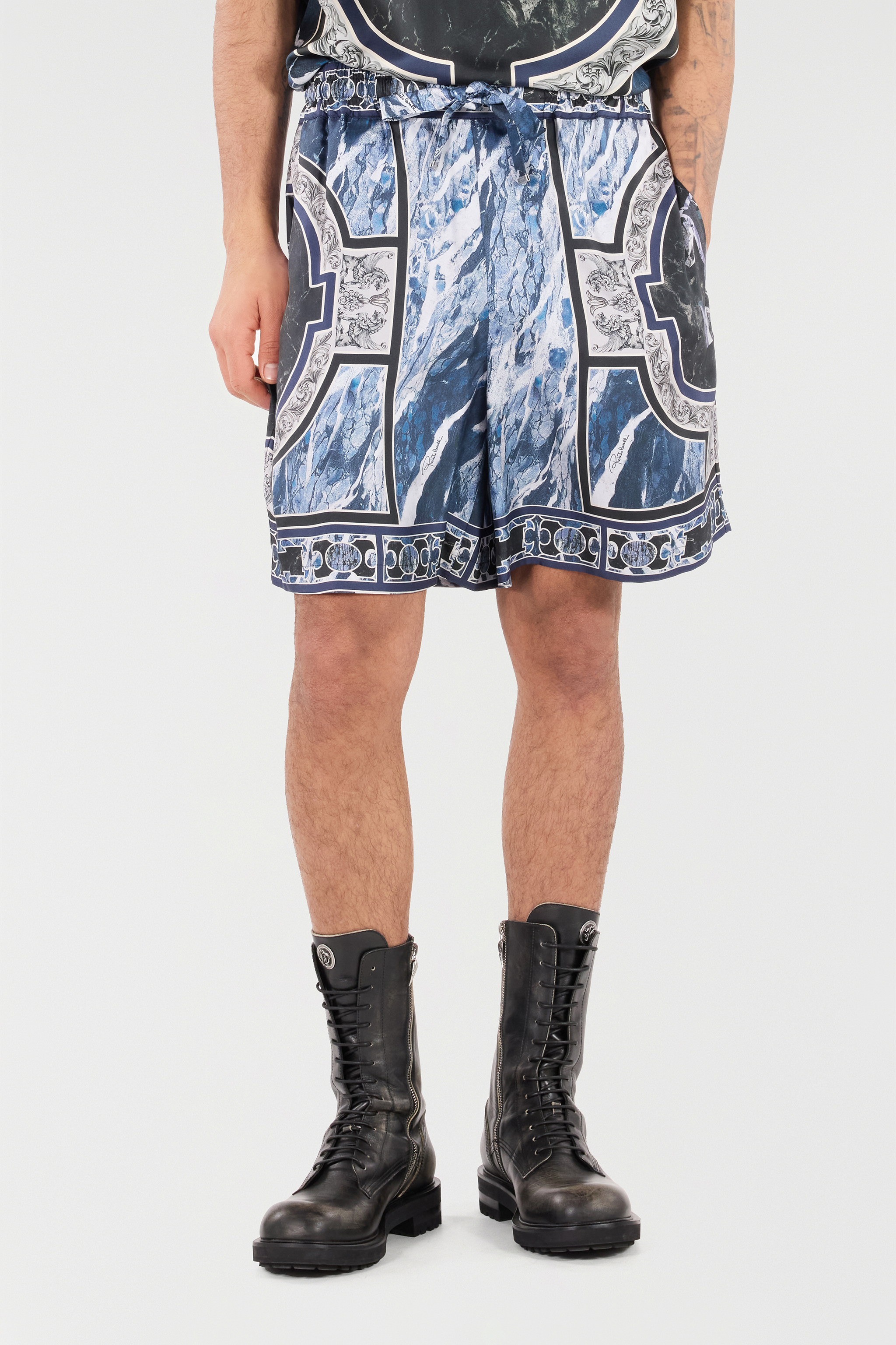 Roberto Cavalli Short With Marble Print And Accents In Blue