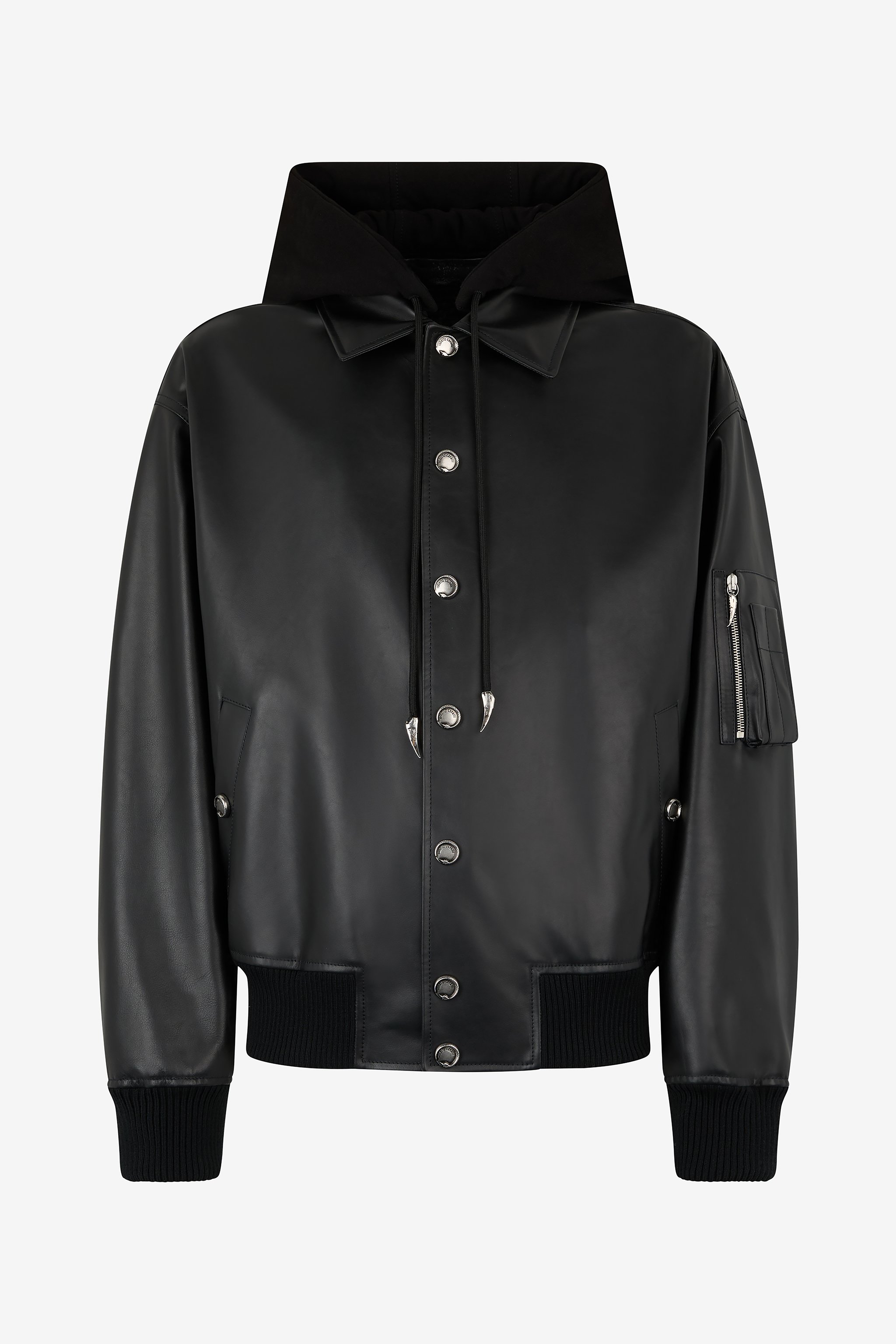 Roberto Cavalli Leather Bomber Jacket With Hood In Black