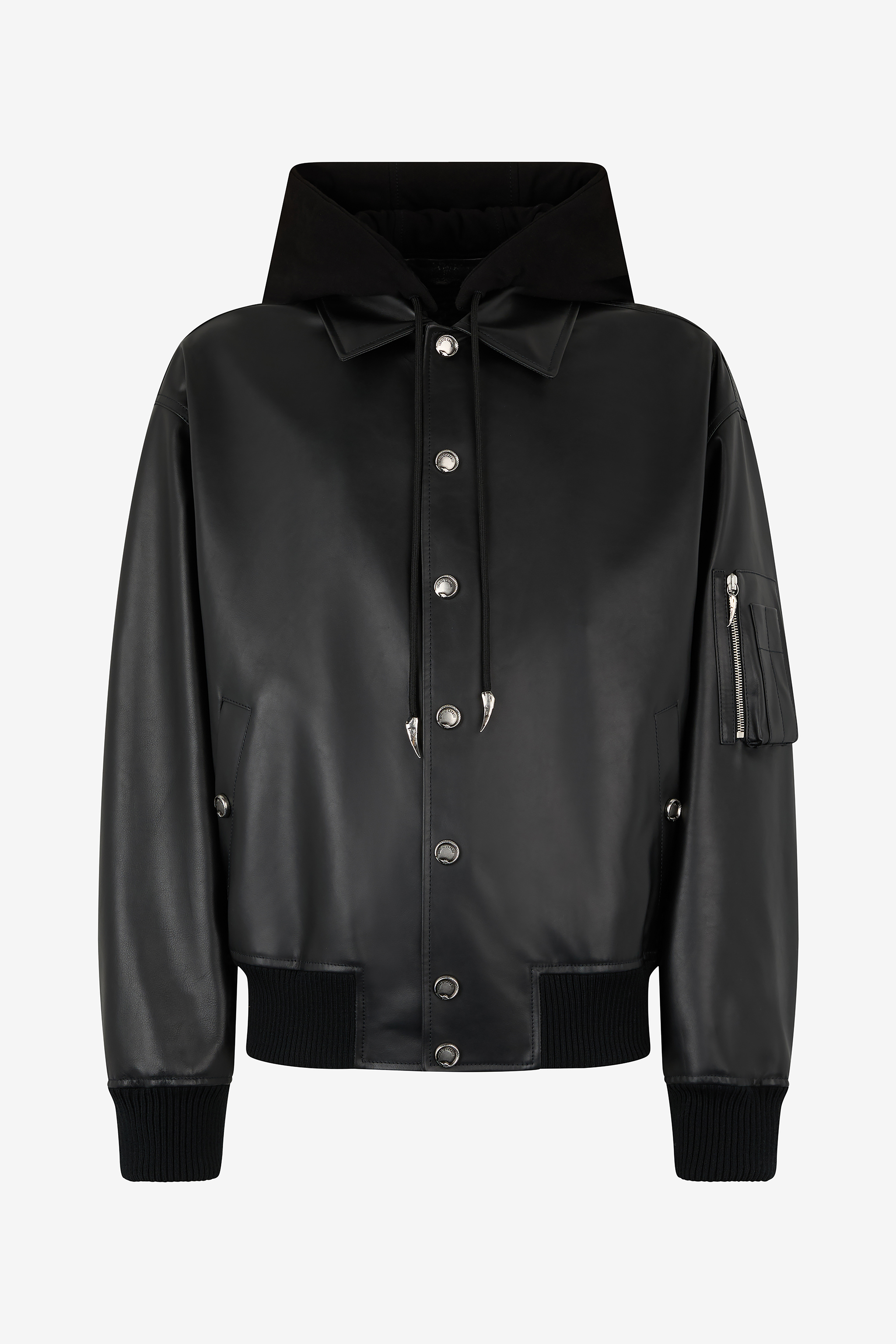 Roberto Cavalli Men's Black Leather Bomber Jacket With Hood - Promo Sale Fw2025