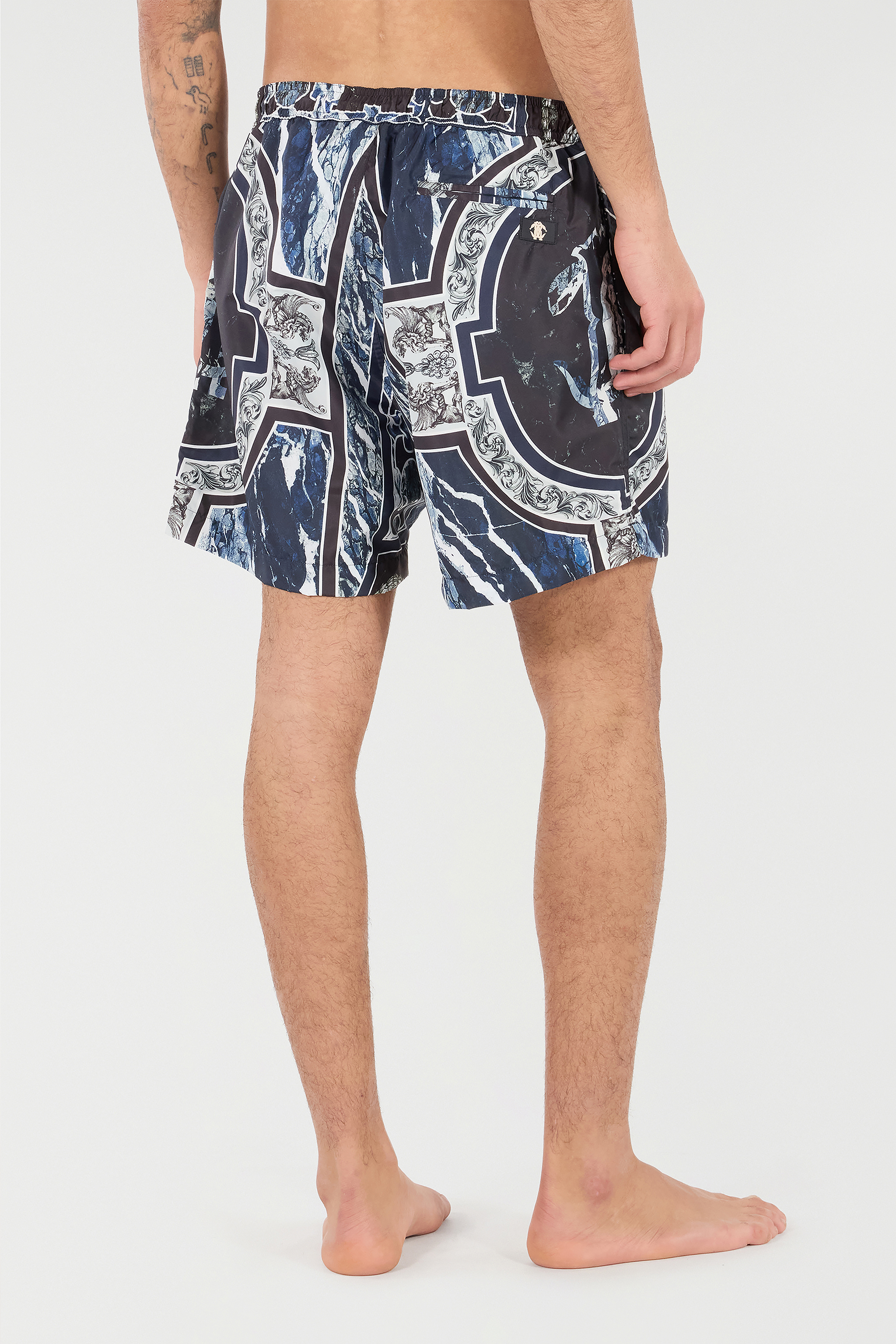Roberto Cavalli Swim Shorts With Fang And Marble Print In Blue