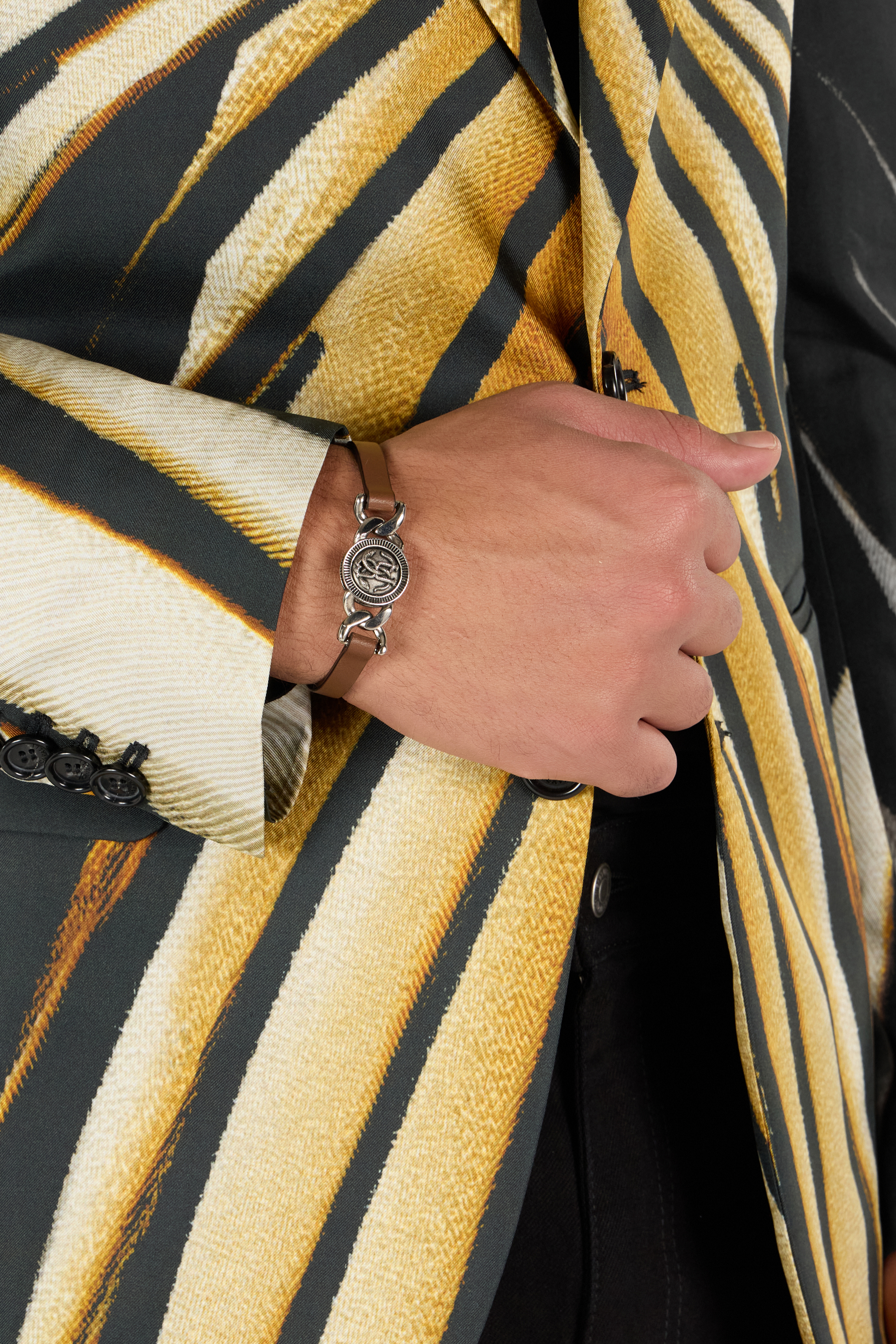 Roberto Cavalli Leather Bracelet With Mirror Snake Monogram In Brown