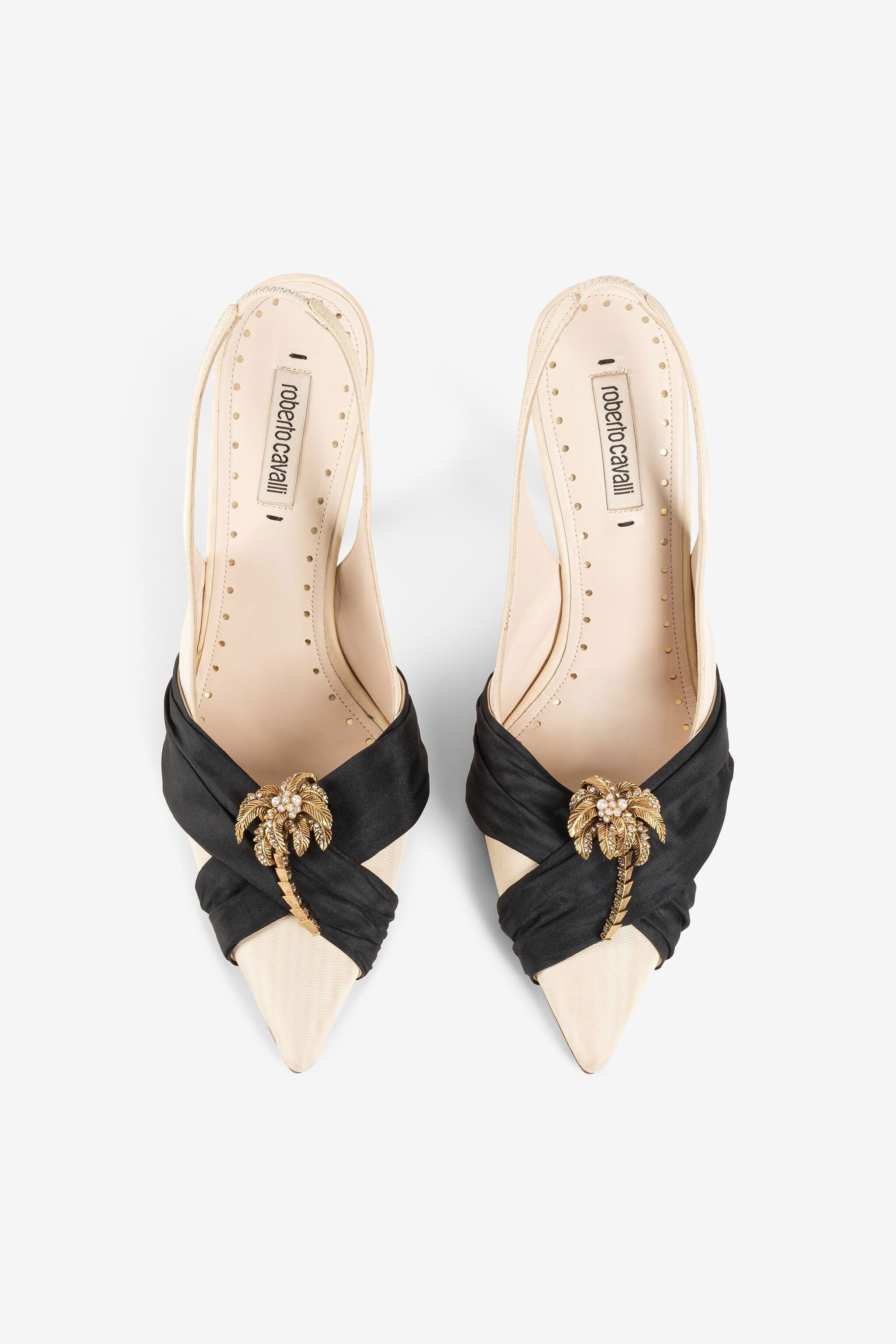 Roberto Cavalli Palm-tree Tiger-tooth Slingback Pumps In Ivory/black
