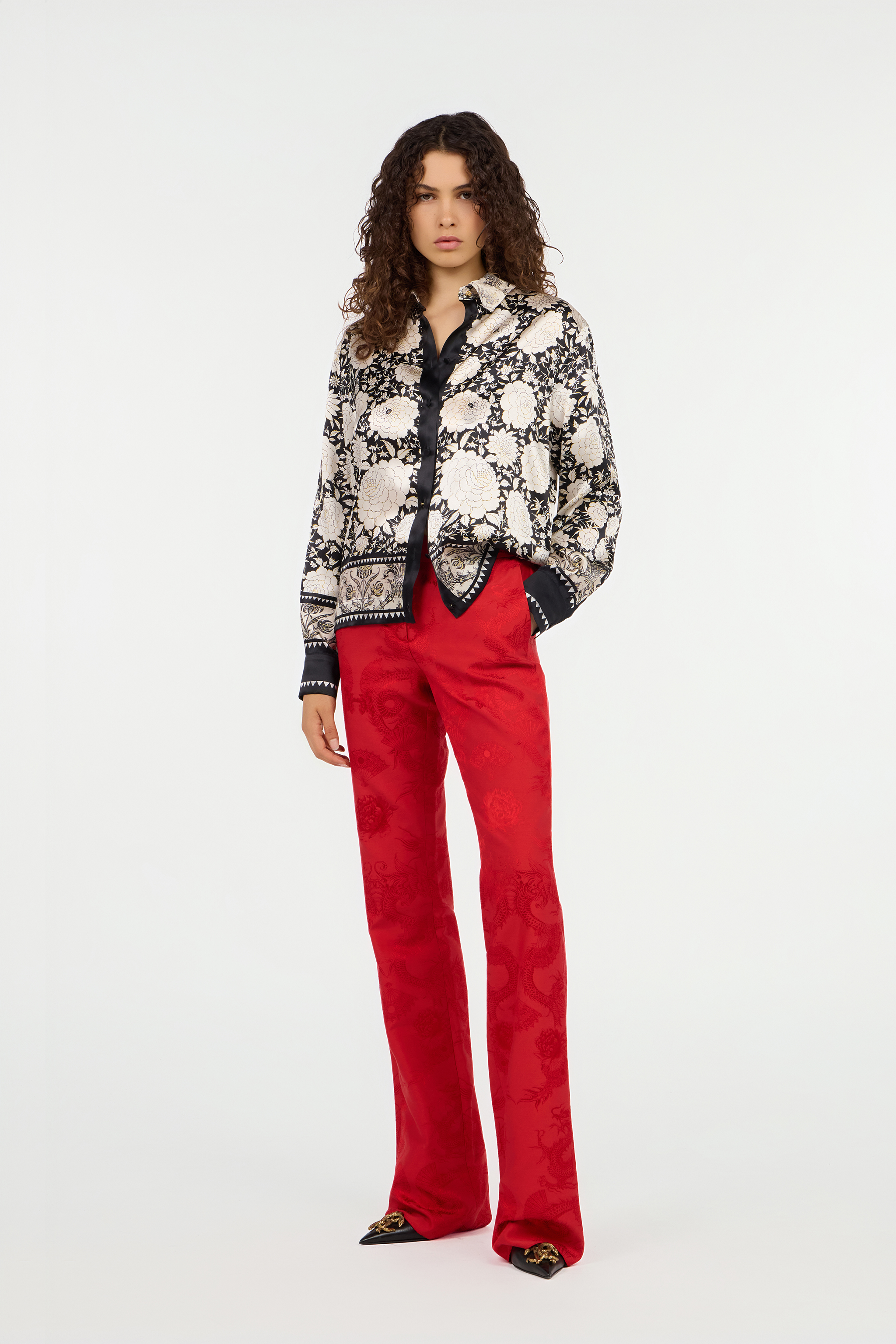 Roberto Cavalli Black And Ivory Floral Print Shirt In Multi