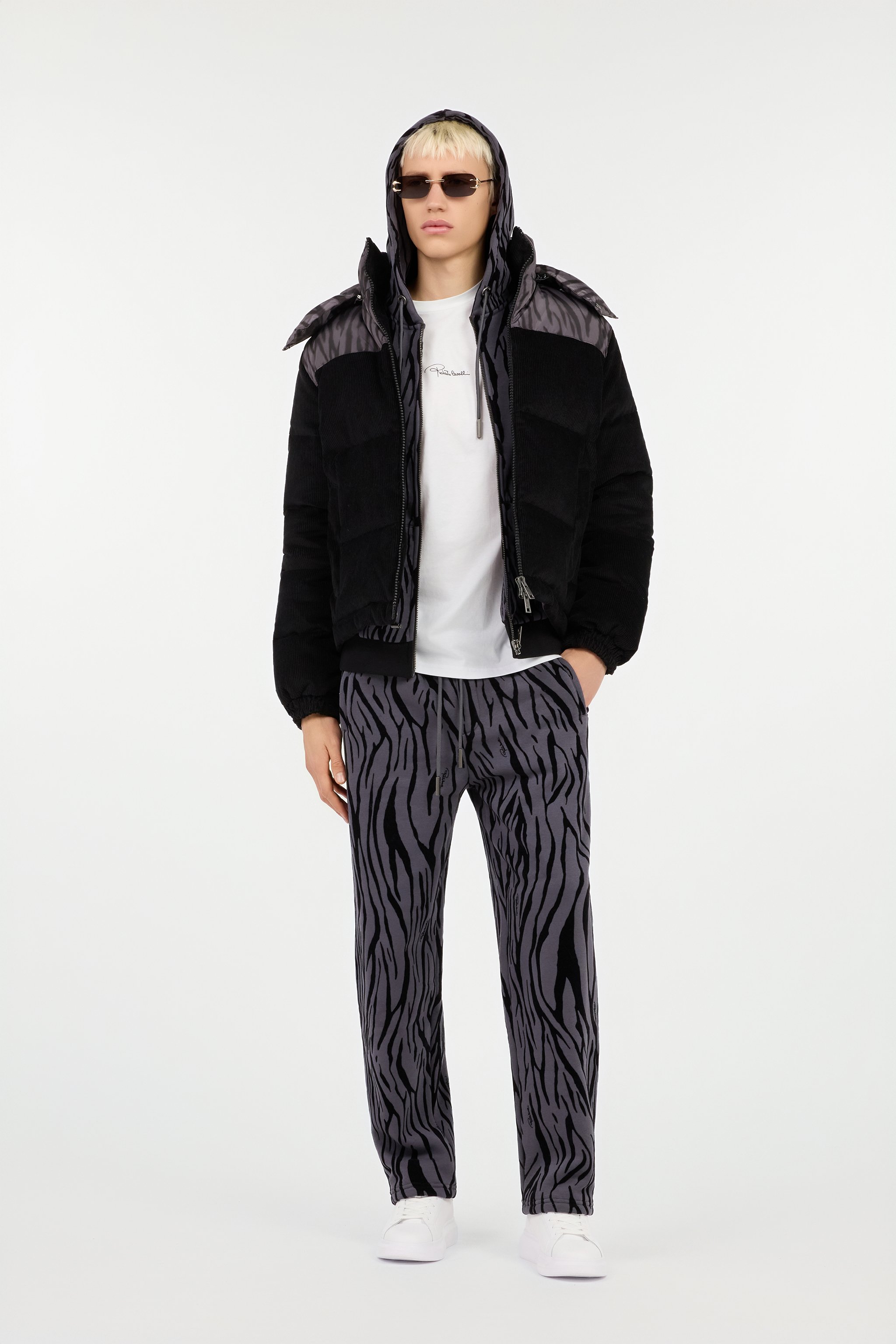 Black Corduroy Down Jacket With Zebra Print