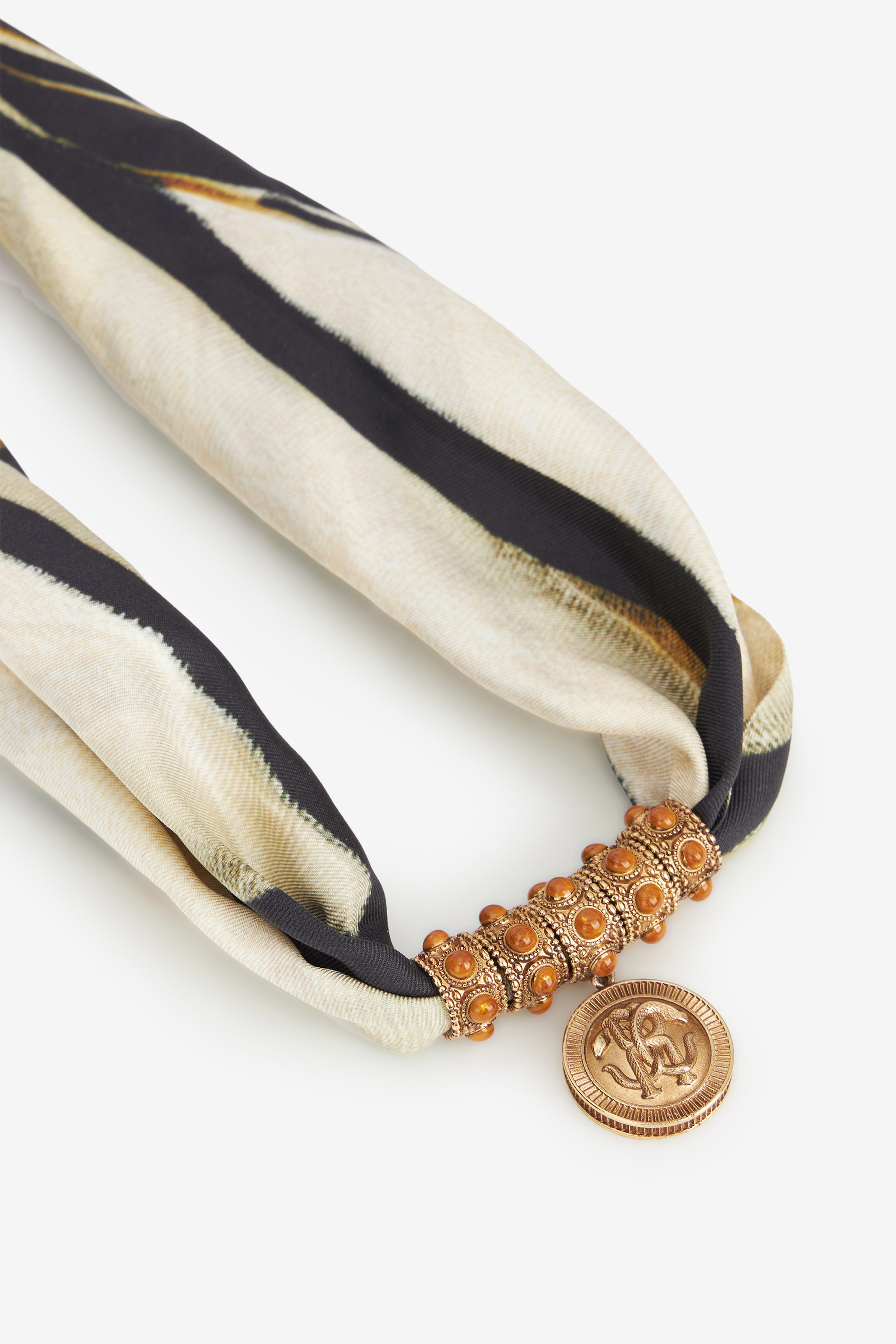 Roberto Cavalli Logo-embossed Printed Silk Necklace In Gold