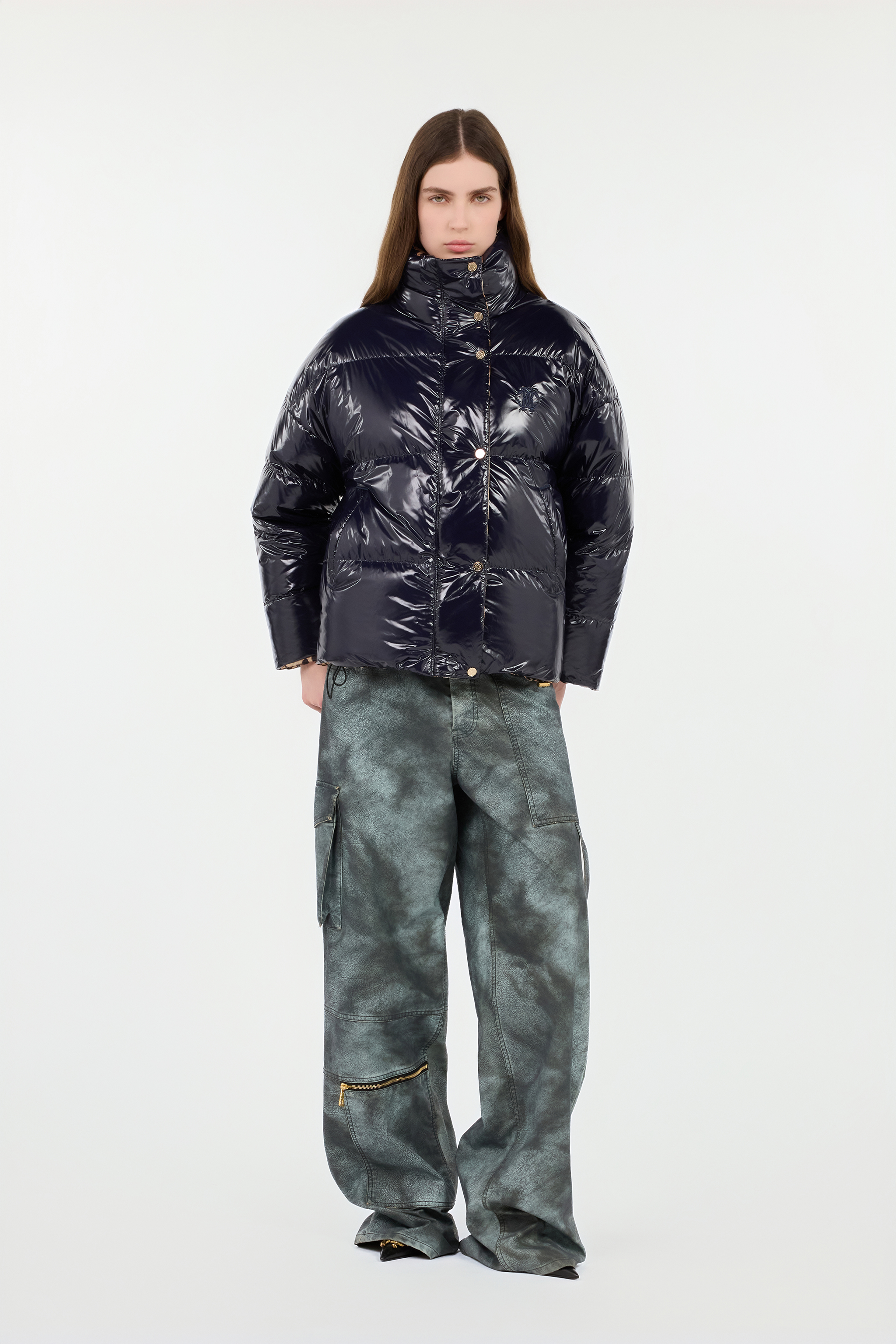 Roberto Cavalli Reversible Marble Print Down Jacket In Animal Print