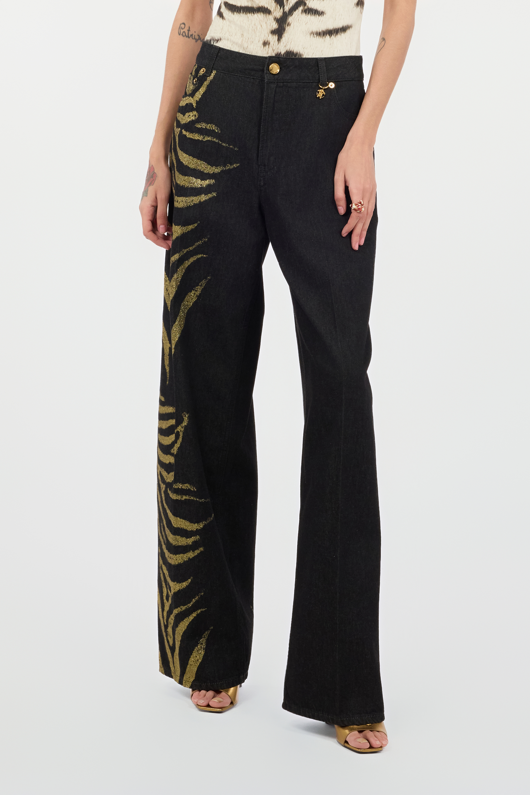 Roberto Cavalli Jeans With Side Zebra Print In Oro/nero 191101