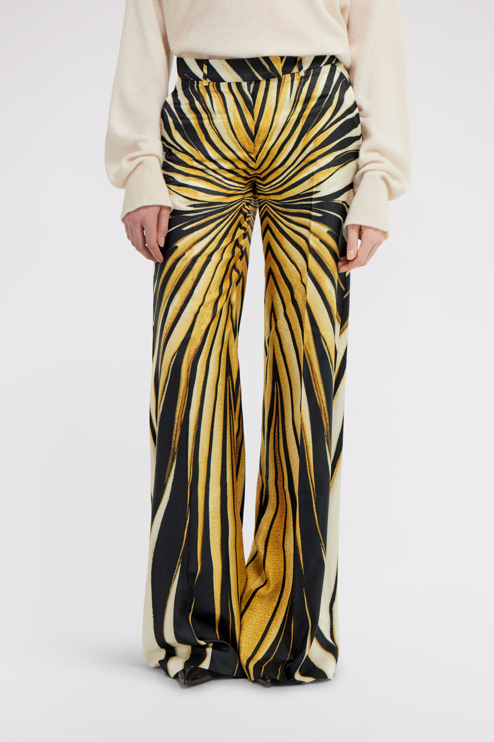 Roberto Cavalli Ray Of Gold Print Palazzo Pants In Gold