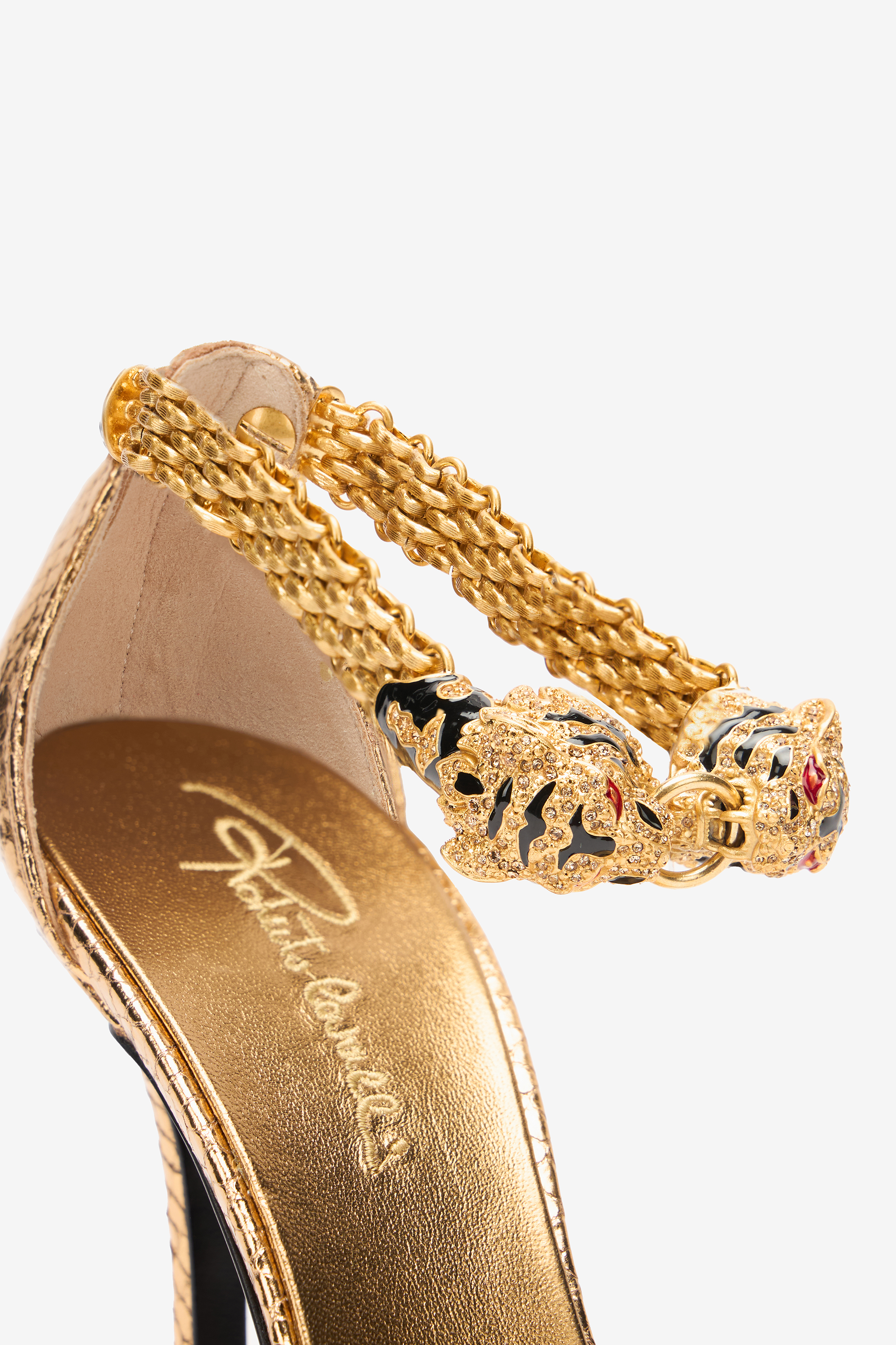 Shop Roberto Cavalli Sandalen Mit Absatz Und Schmucktigern In 001  Oro