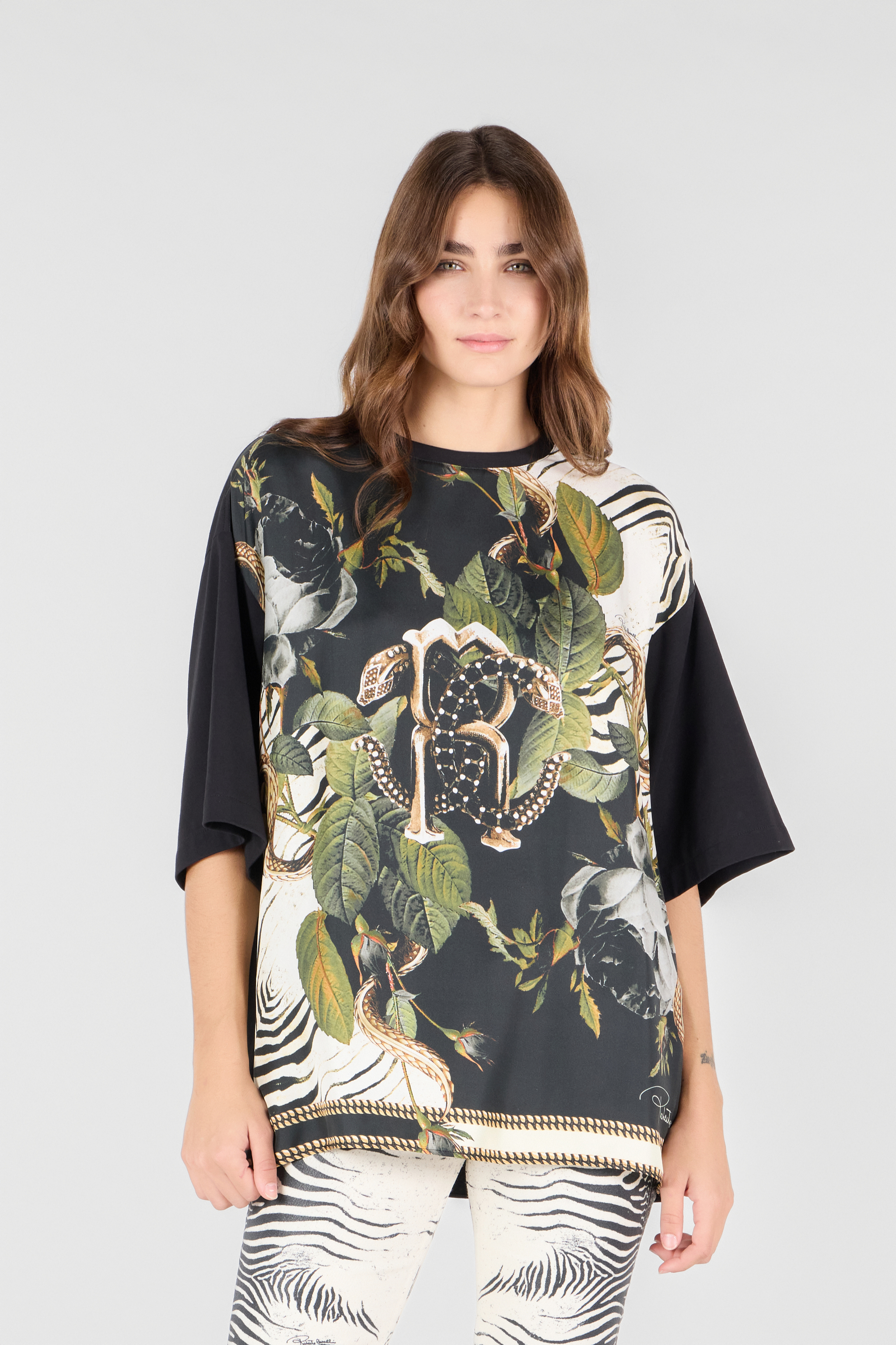  Roberto Cavalli T-shirt With Mirror Snake Monogram And Jungle Print - Female Ready To Wear Dark Green 44 