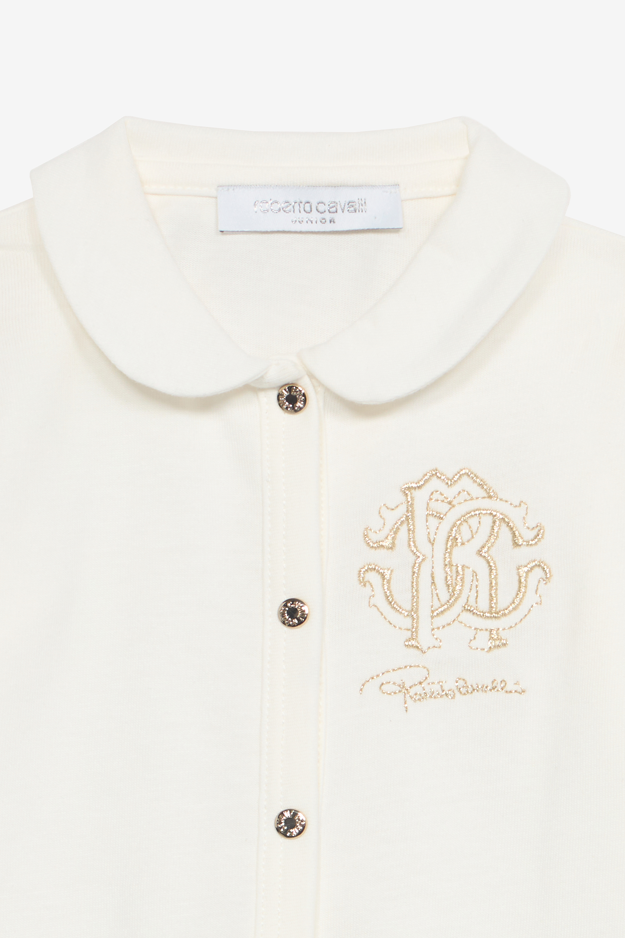 Roberto Cavalli Kit: Beanie, Bib, And Romper In White