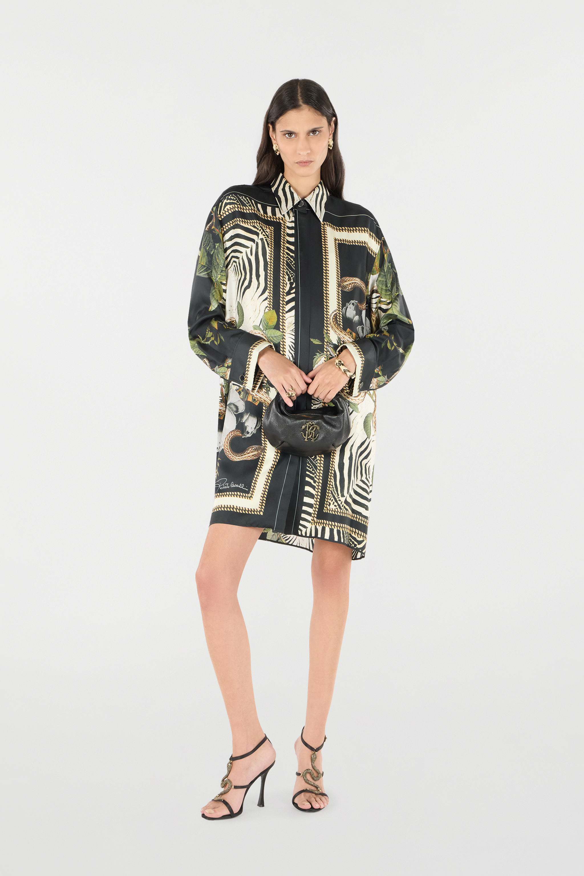 Roberto Cavalli Long Shirt With Zebra And Snake Print In Black