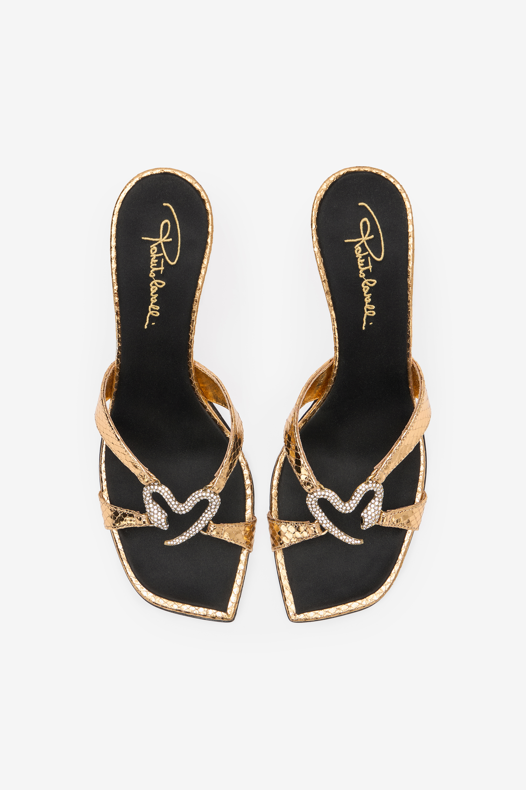 Roberto Cavalli Sandals With Snake Print And Snake Jewel In Gold