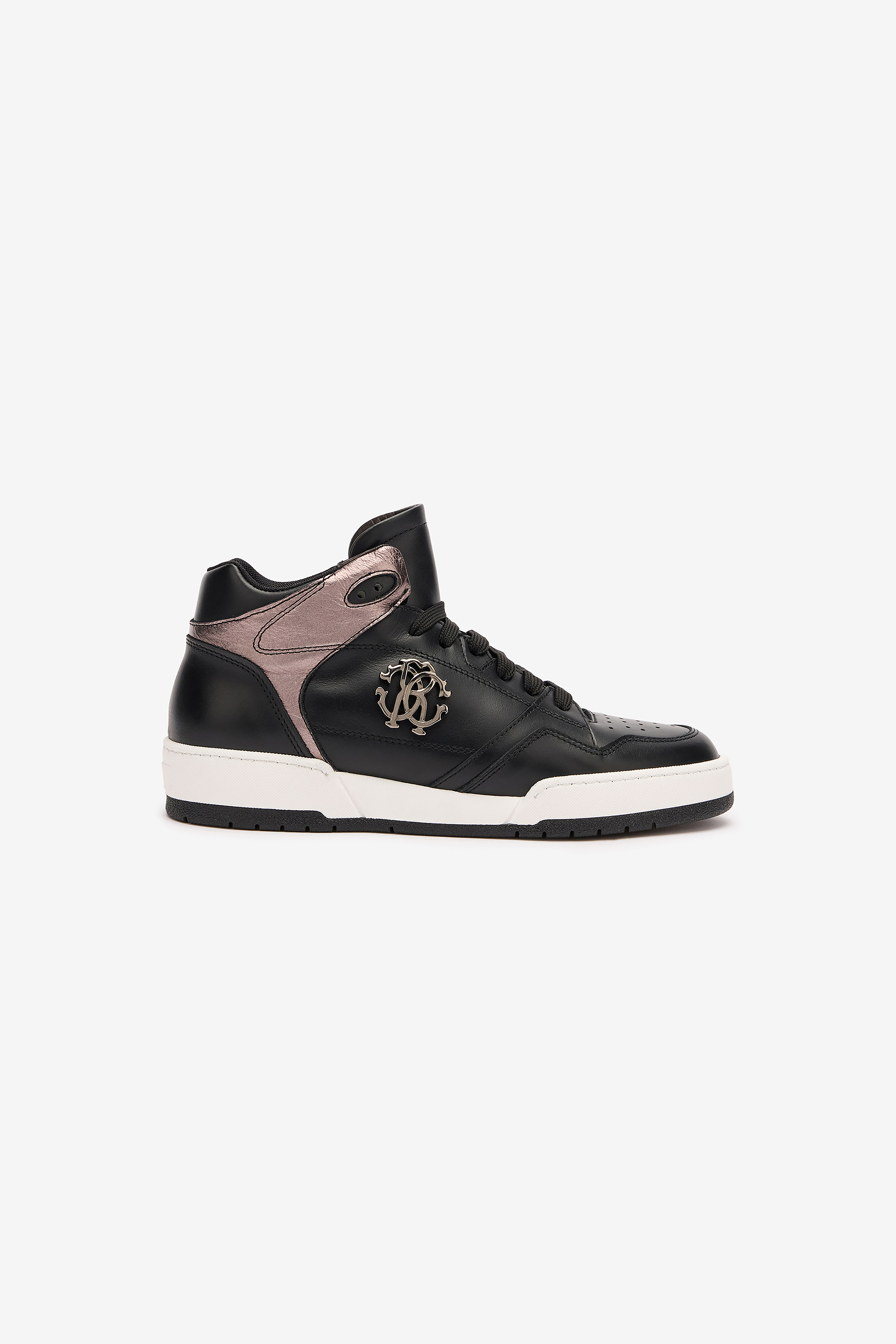 Roberto Cavalli High-top Sneakers With Laminated Insert In Black/bordeaux/cdf