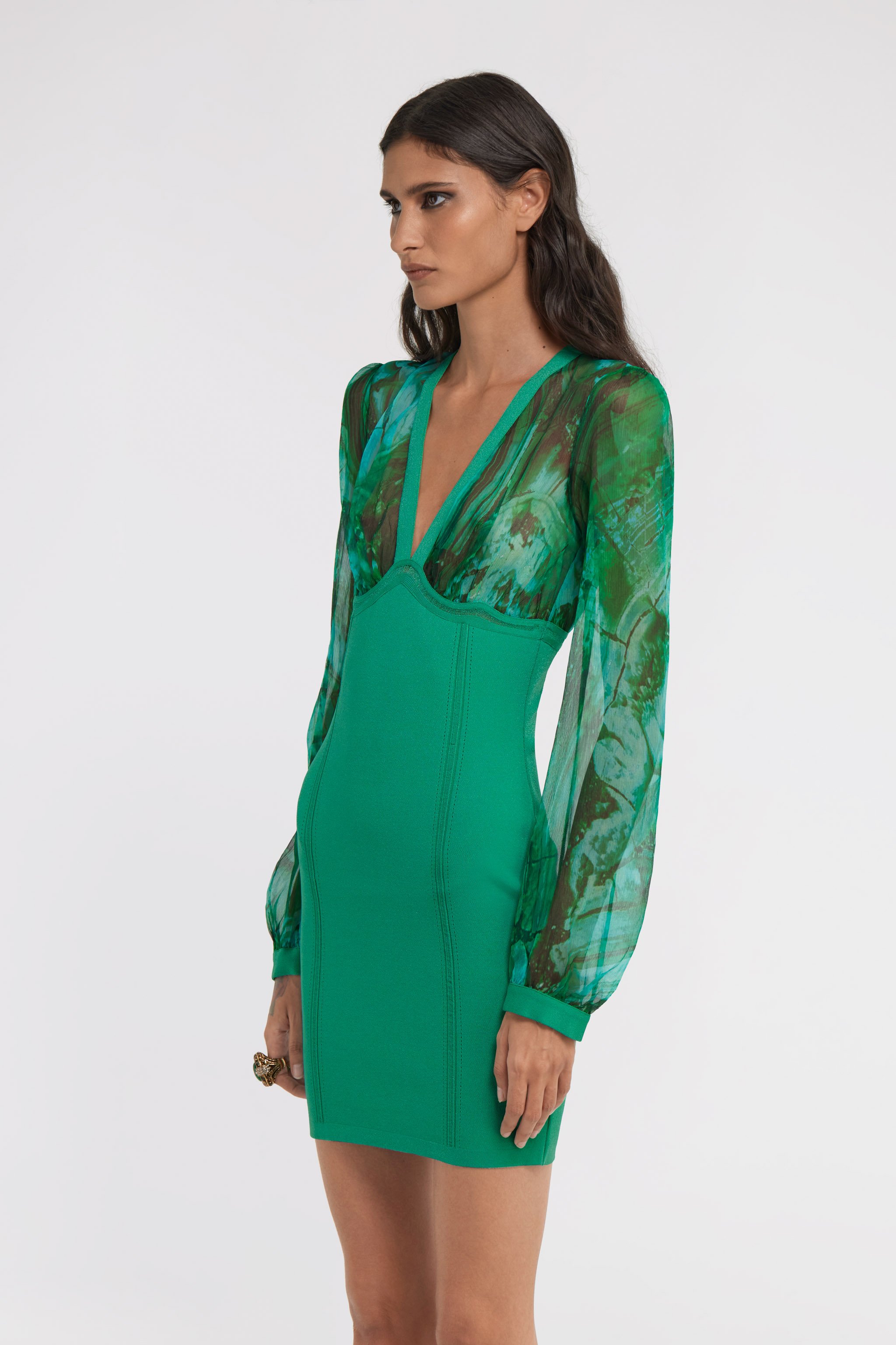 Roberto Cavalli V-neckline Fitted Silhouette Mini Length Sheer Long Sleeves In Green