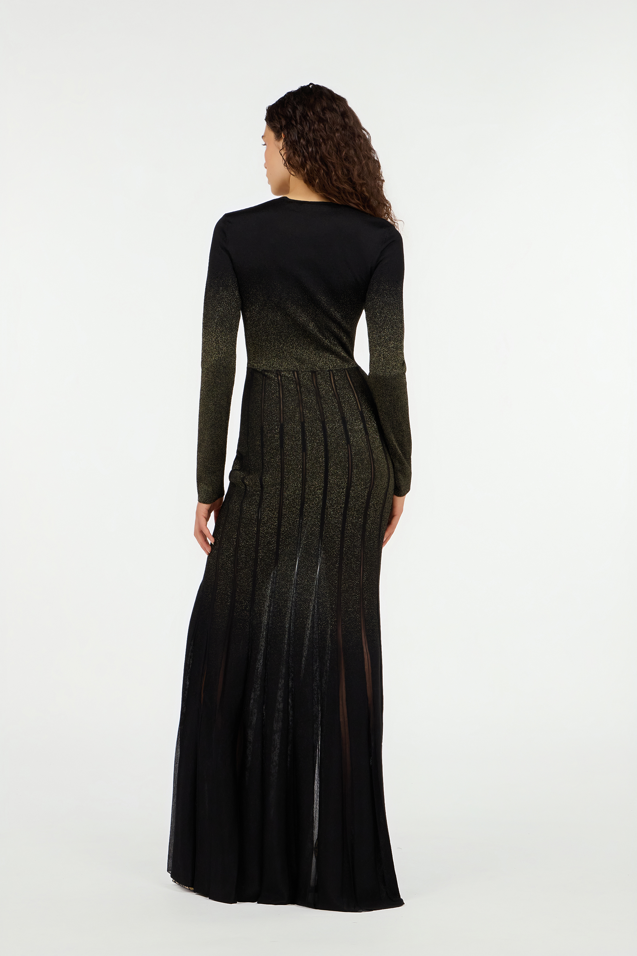 Roberto Cavalli Long Dress In Black And Gold With Pleated Skirt In Brown