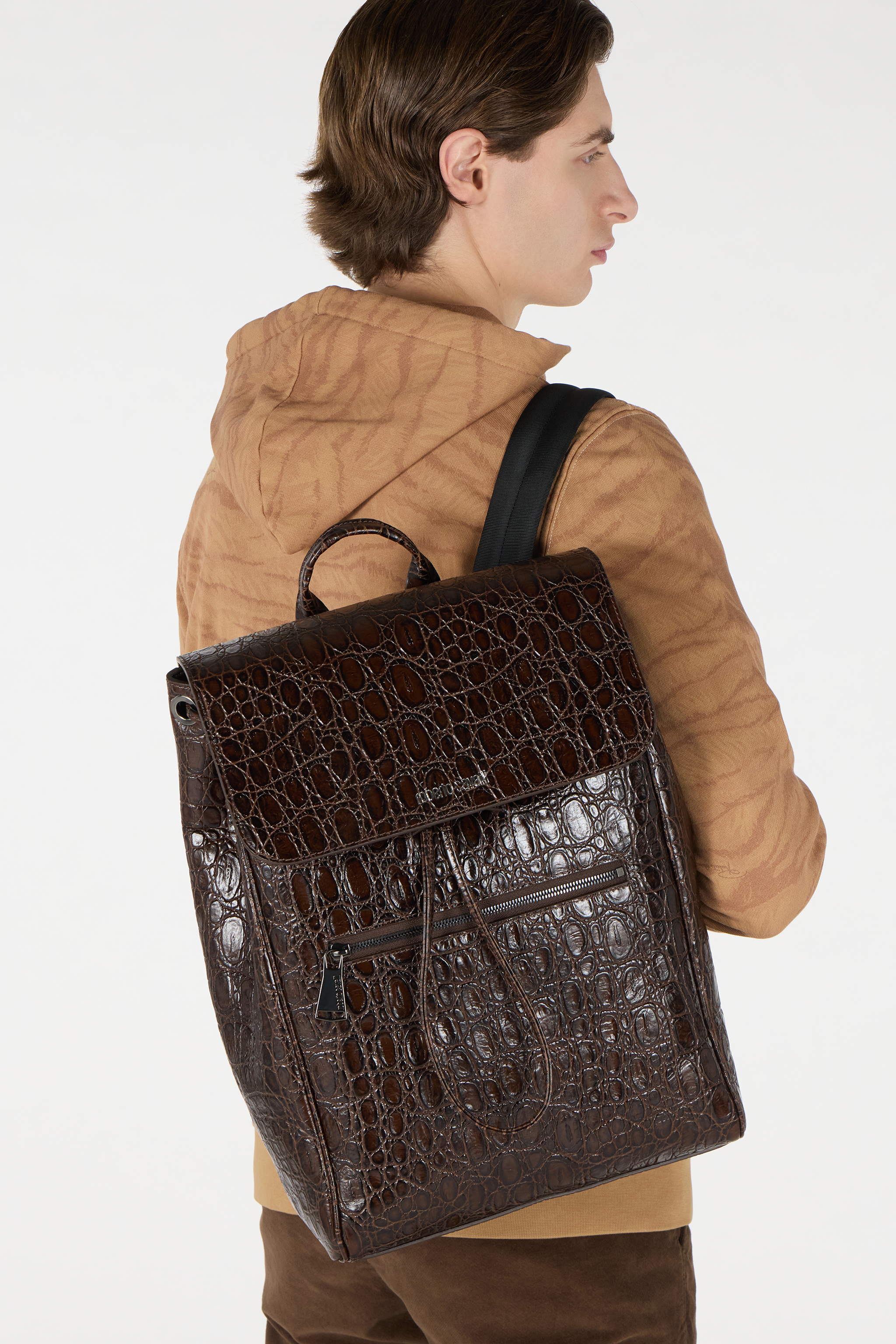 Roberto Cavalli Crocodile Scale-effect Backpack In Brown