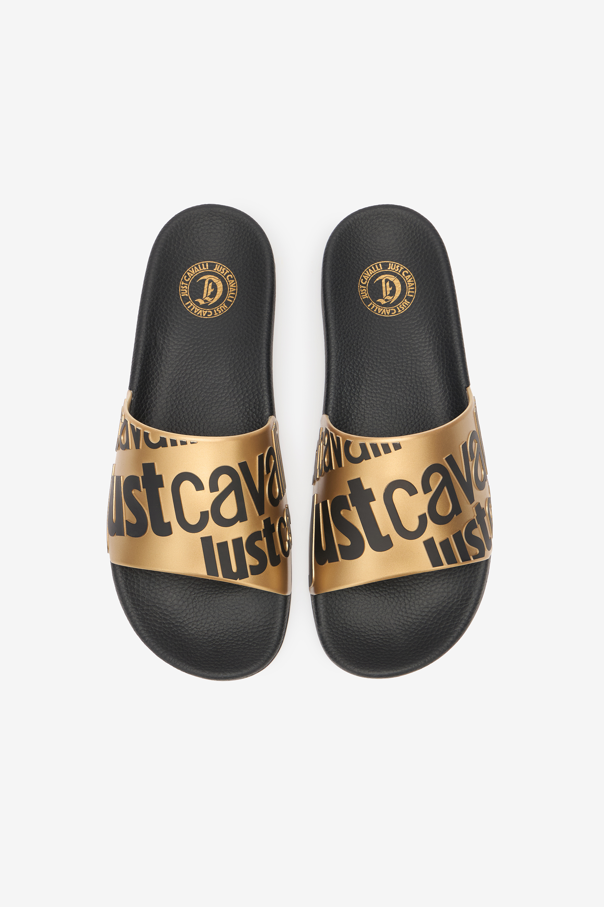 Roberto Cavalli Slides With Lettering In Black/gold