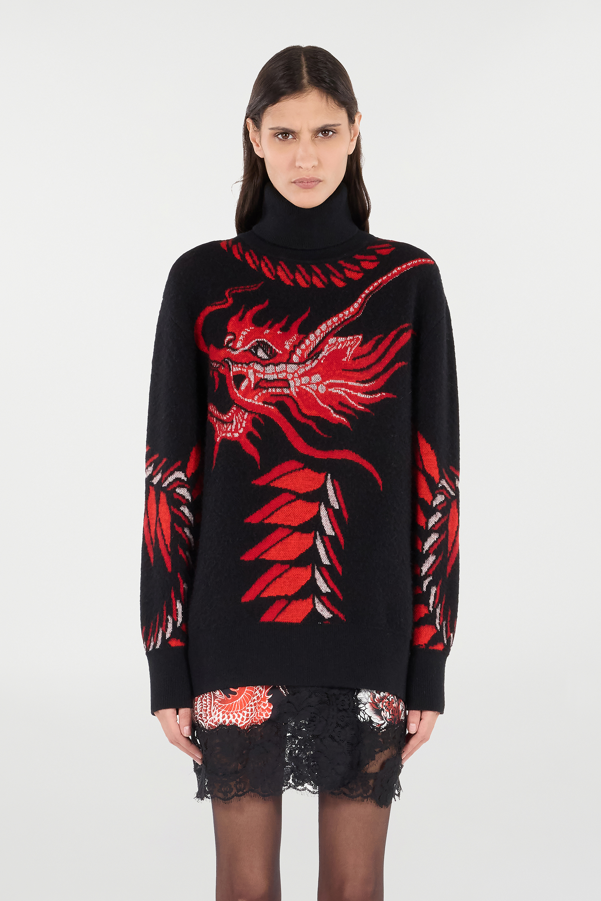  Roberto Cavalli Long Sweater With Pattern And Dragon - Female  Black/red L 
