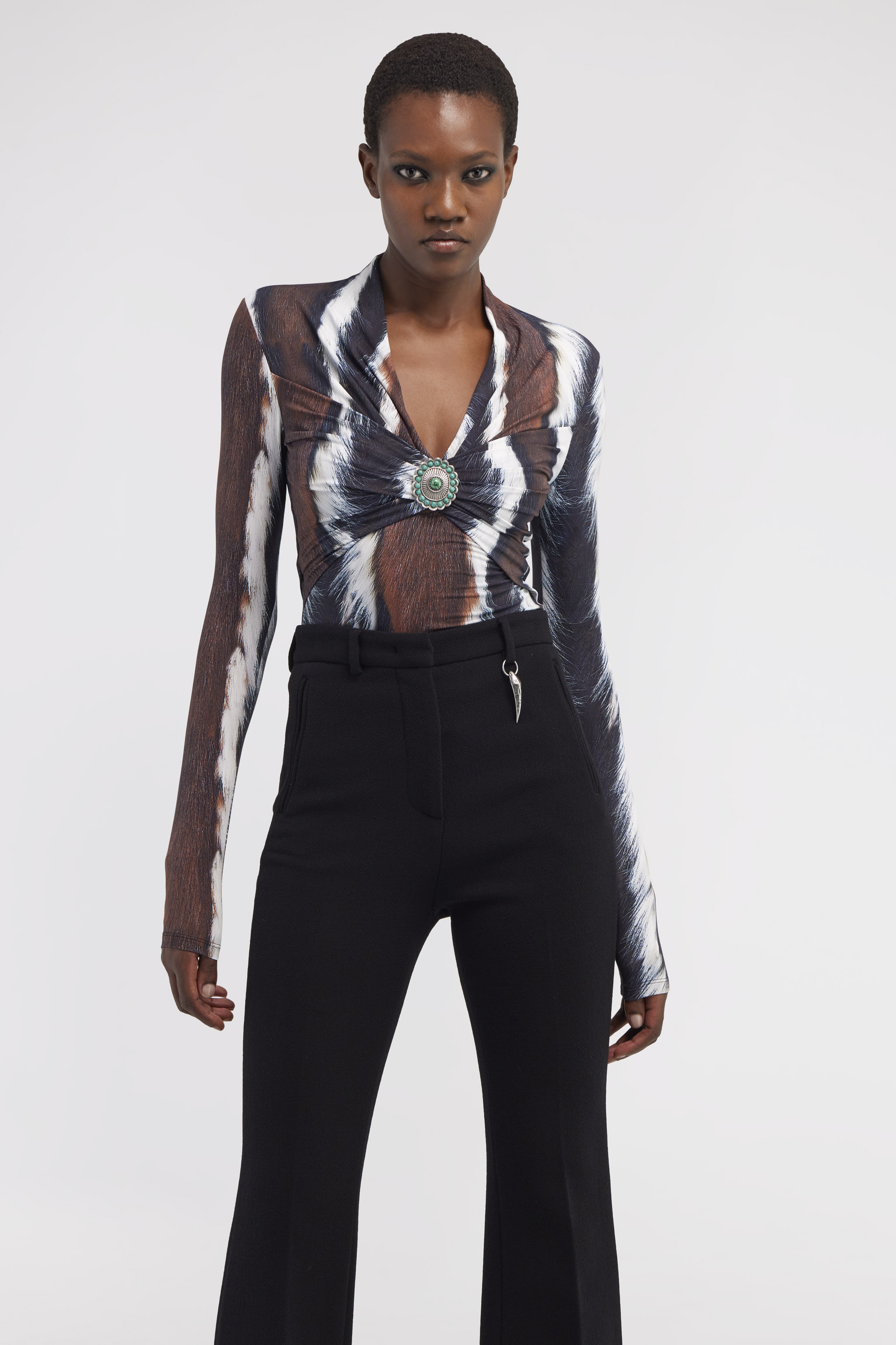 Roberto Cavalli Top With Decoration And Ruches In Dark Brown/white