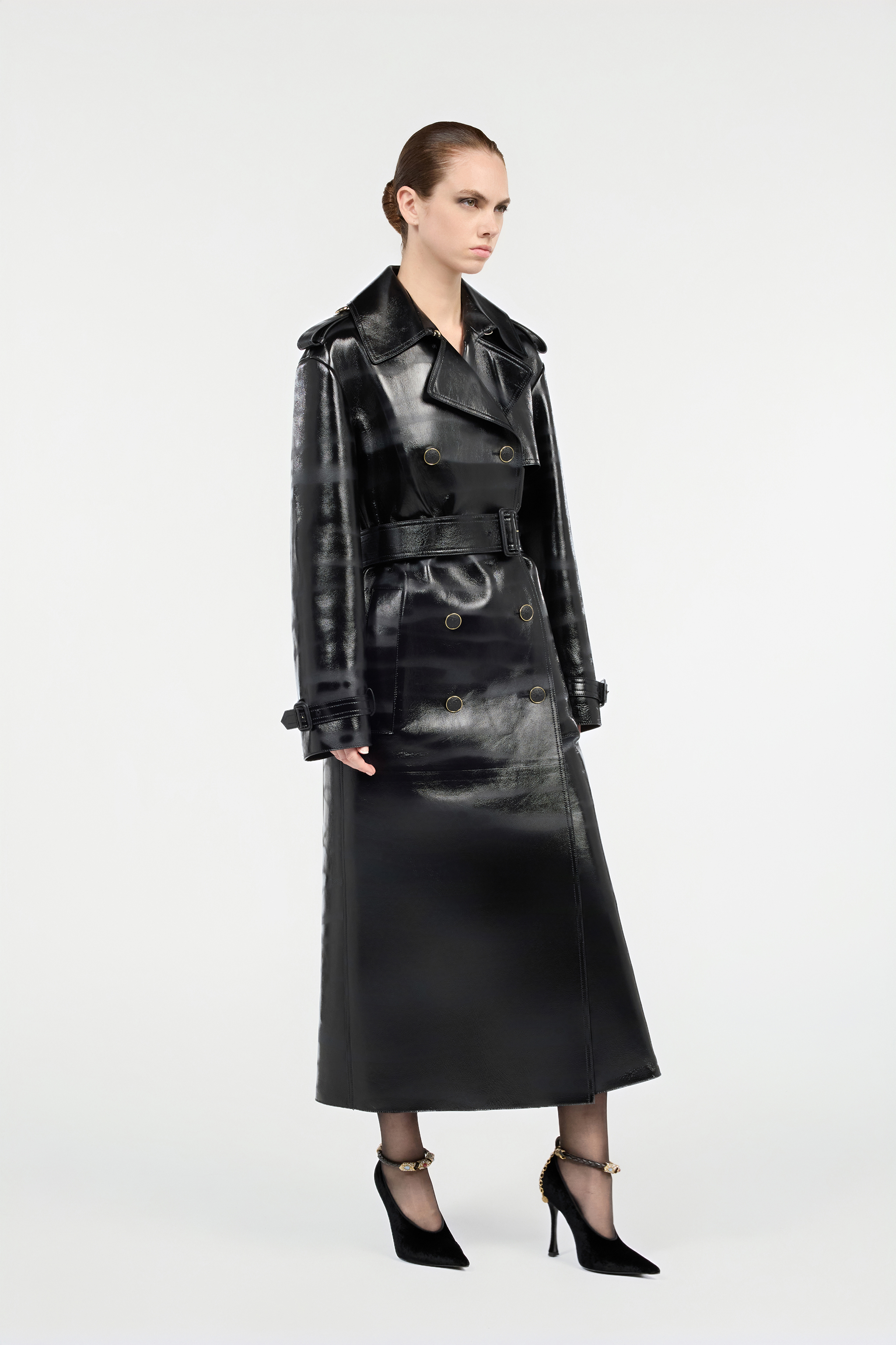 Roberto Cavalli Black Genuine Leather Long Trench Coat In Black