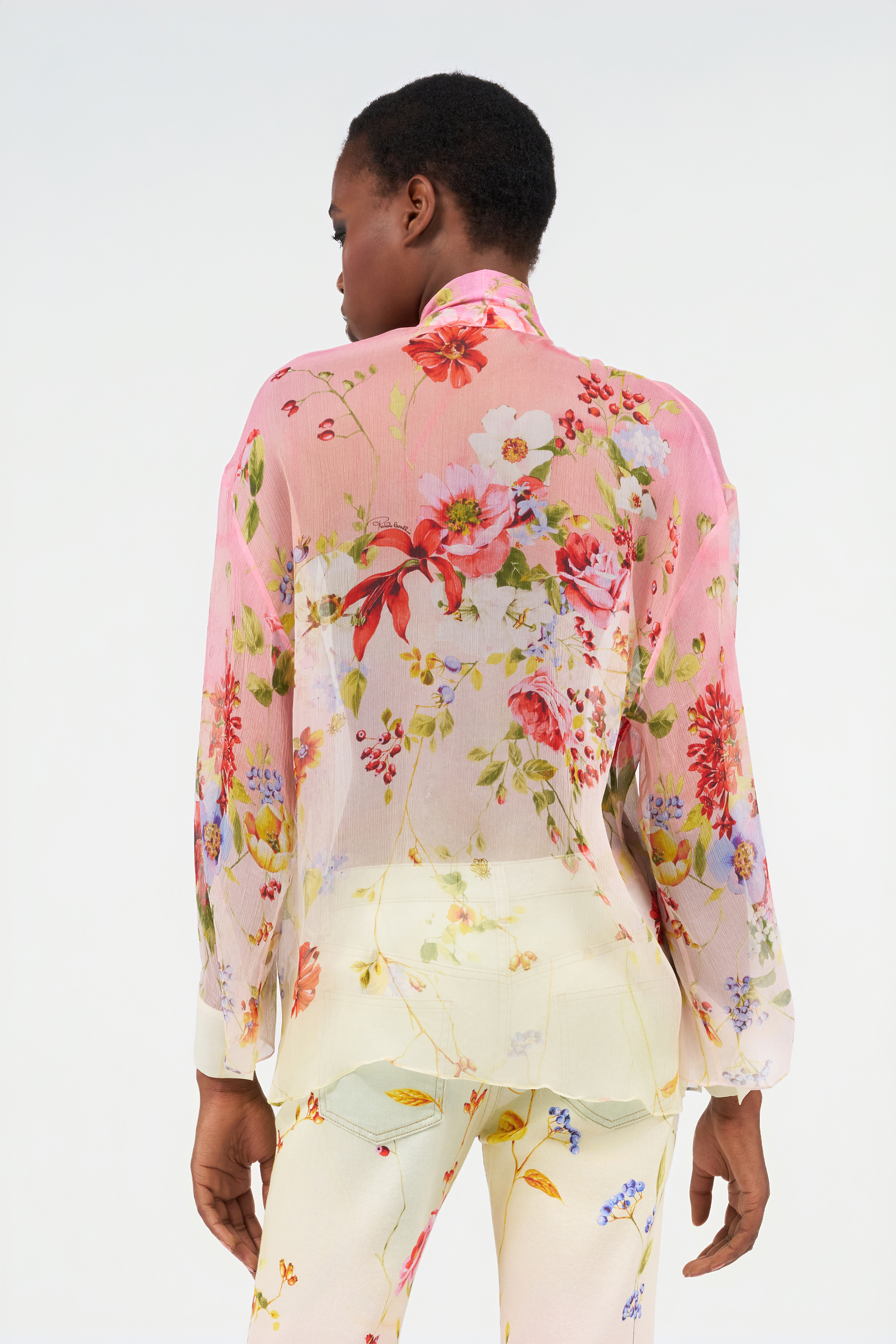 Roberto Cavalli Silk Floral-print Cutout Long-sleeve Blouse In Multi