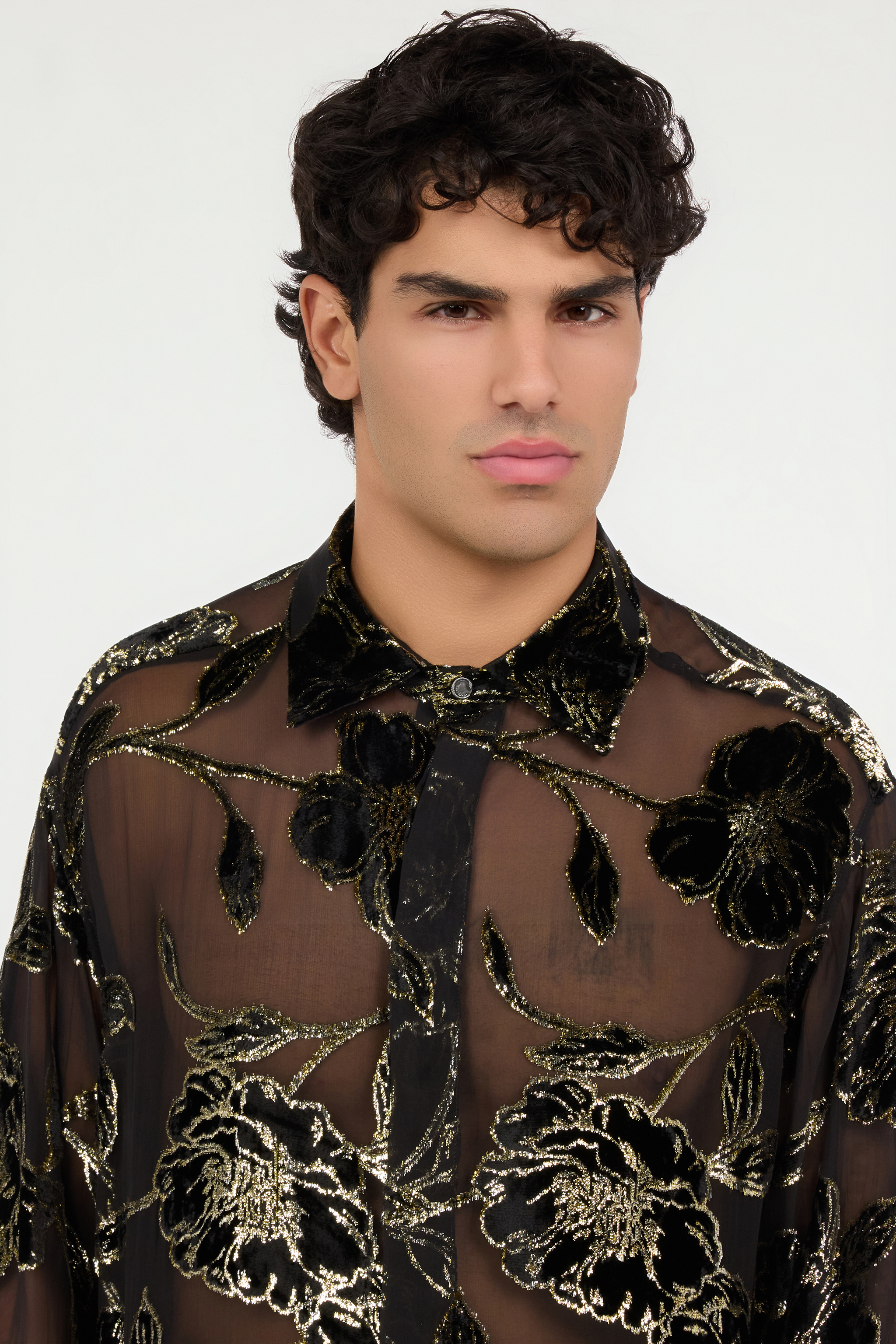 Black and Gold See-Through Shirt with Floral Pattern