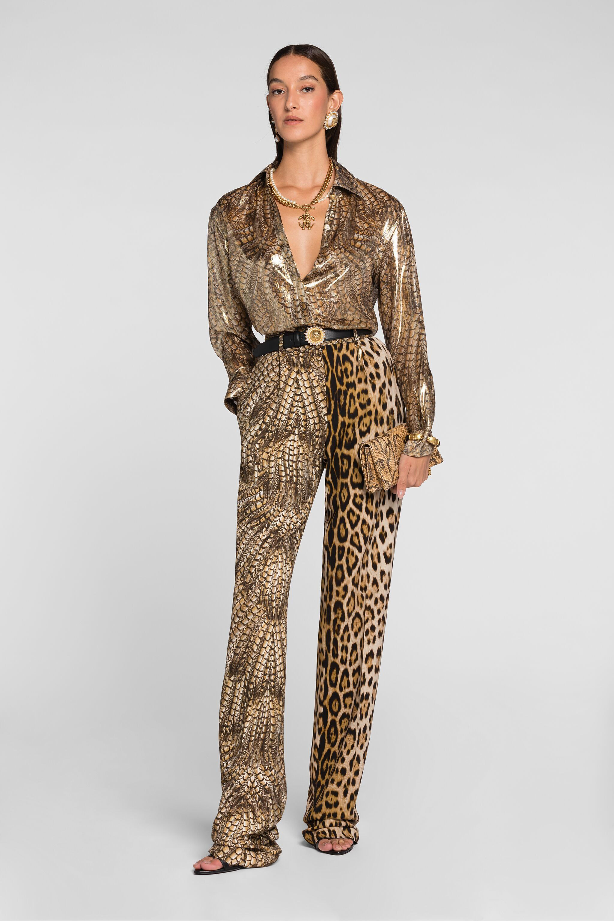 Roberto Cavalli Hawk-print Metallic Shirt In Macula Naturale