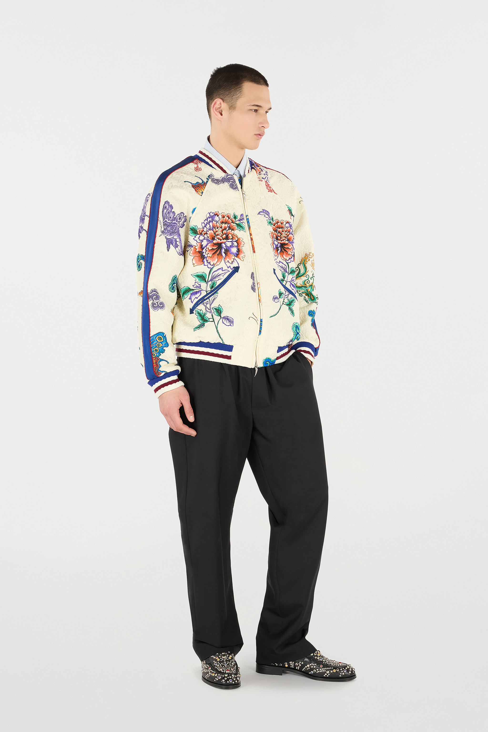  Roberto Cavalli Bomber Jacket With Dragon, Flowers And Butterflies - Male Promo Sale Fw2025 Ivory Multicolor 46 