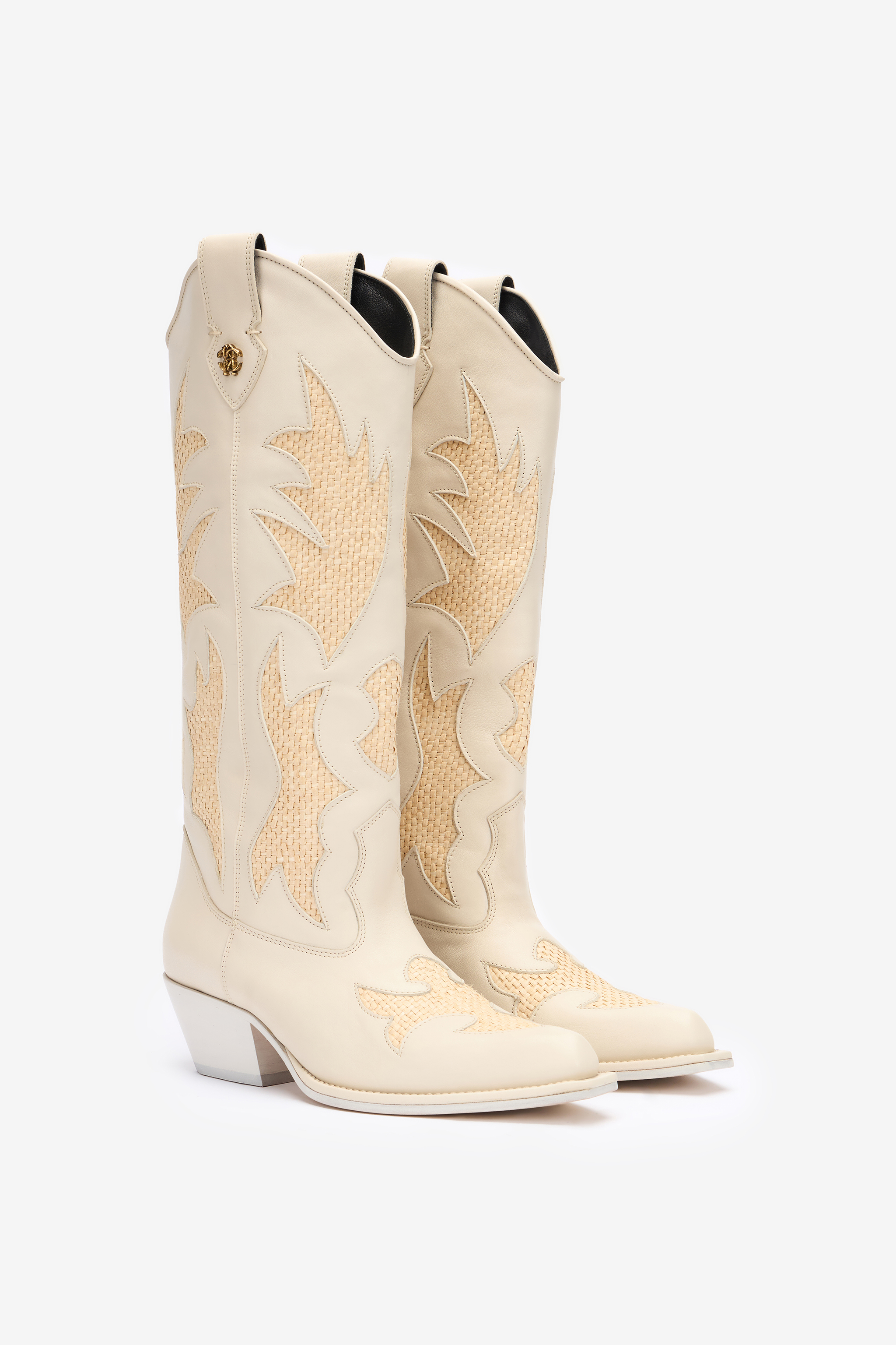 Texan Boots With Woven Inserts in Ivory for Women | Roberto Cavalli®