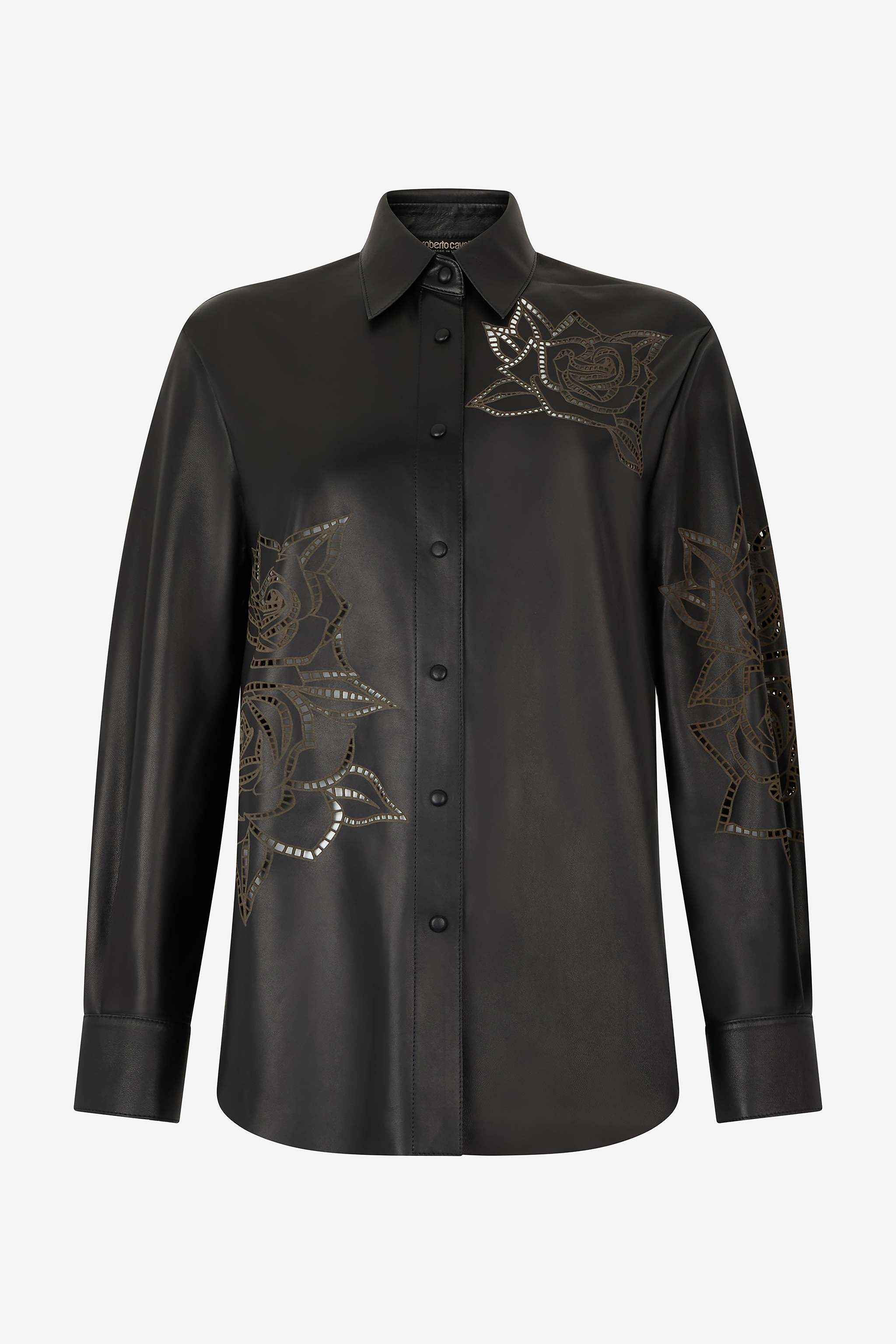 Roberto Cavalli Leather Shirt With Perforated Roses In Black