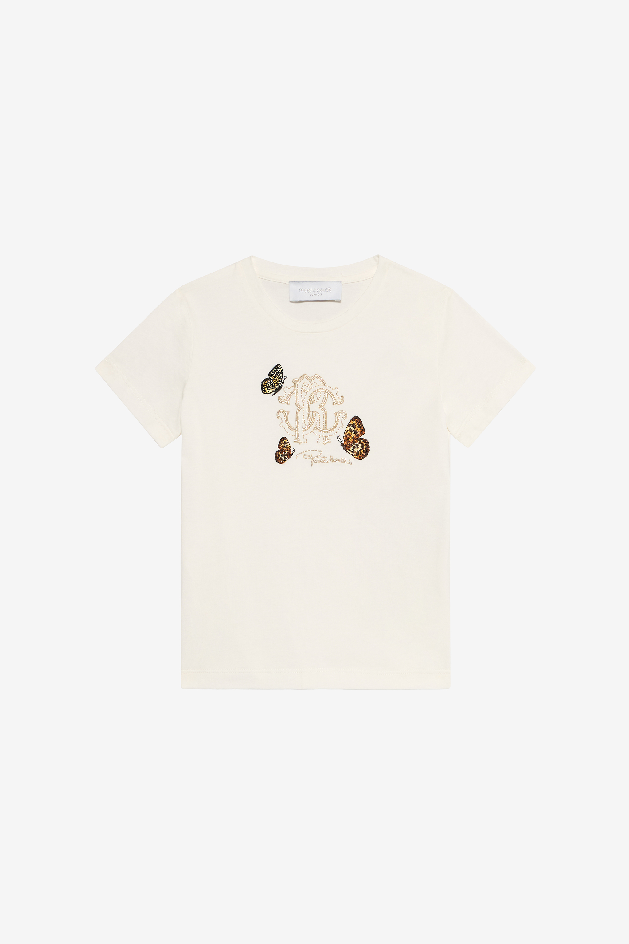 Roberto Cavalli Milk White T-shirt With Rc Monogram And Butterflies In White