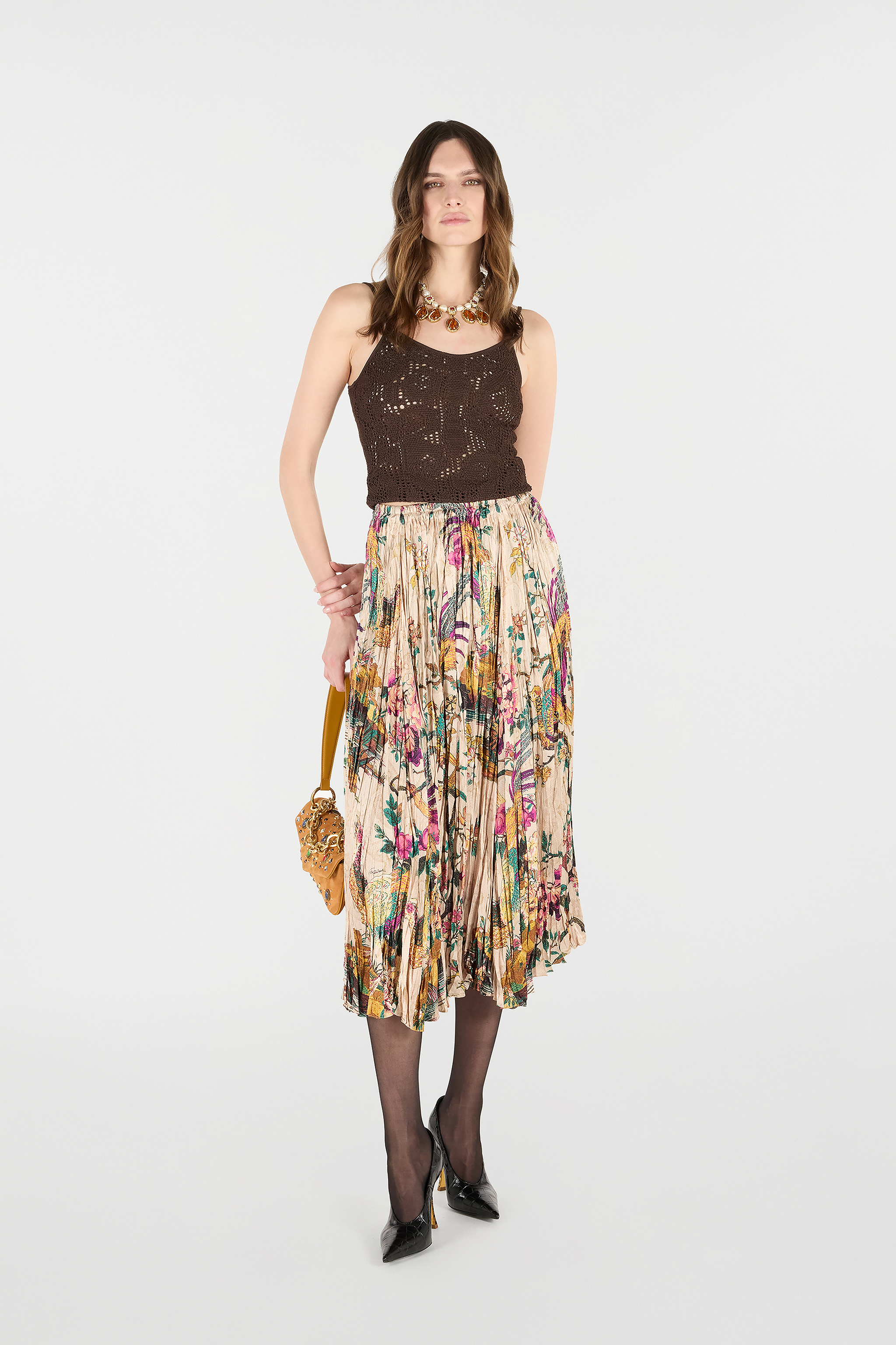 ROBERTO CAVALLI MIDI SKIRT WITH FLORAL AND PHEASANT PRINT