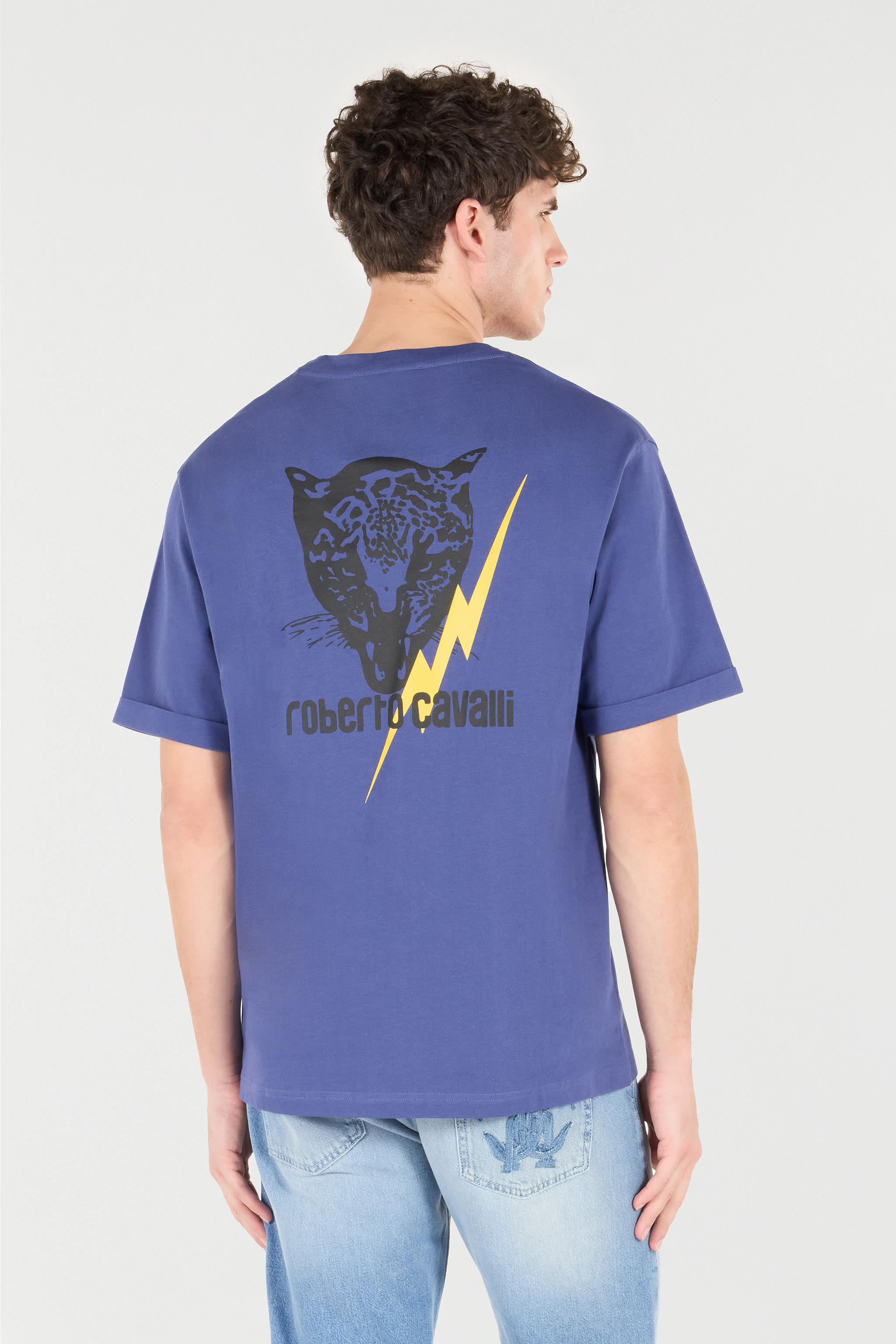 Shop Roberto Cavalli T-shirt Mit Print Und Logo In Navy