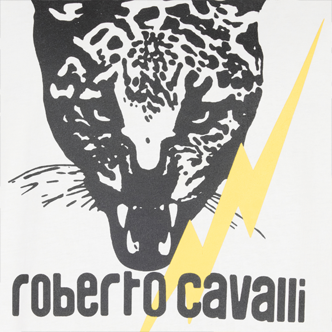 Roberto Cavalli T-shirt With Lightning Bolt And Jaguar In White