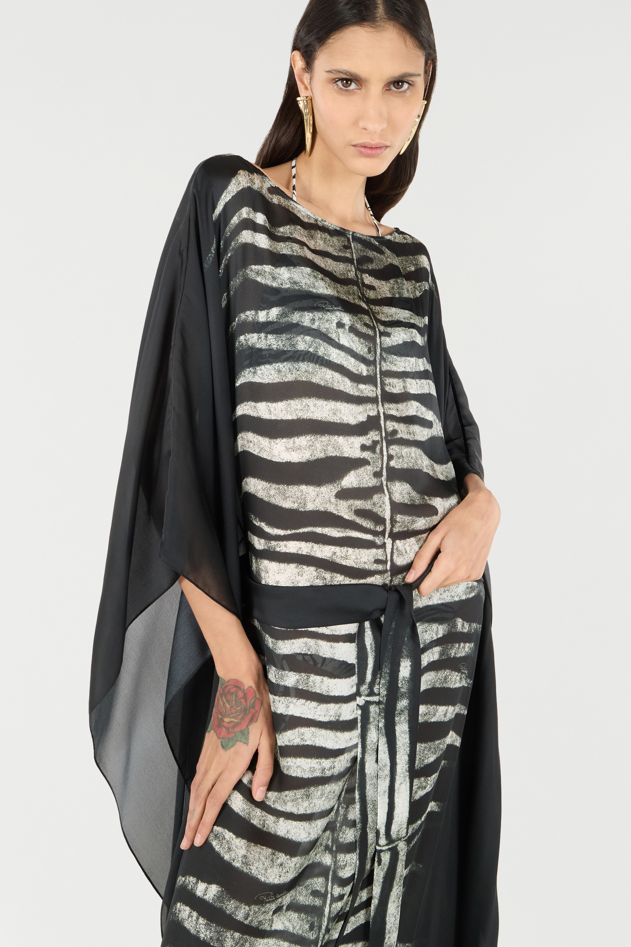 Roberto Cavalli Dress With Belt And Zebra Print In Black/white