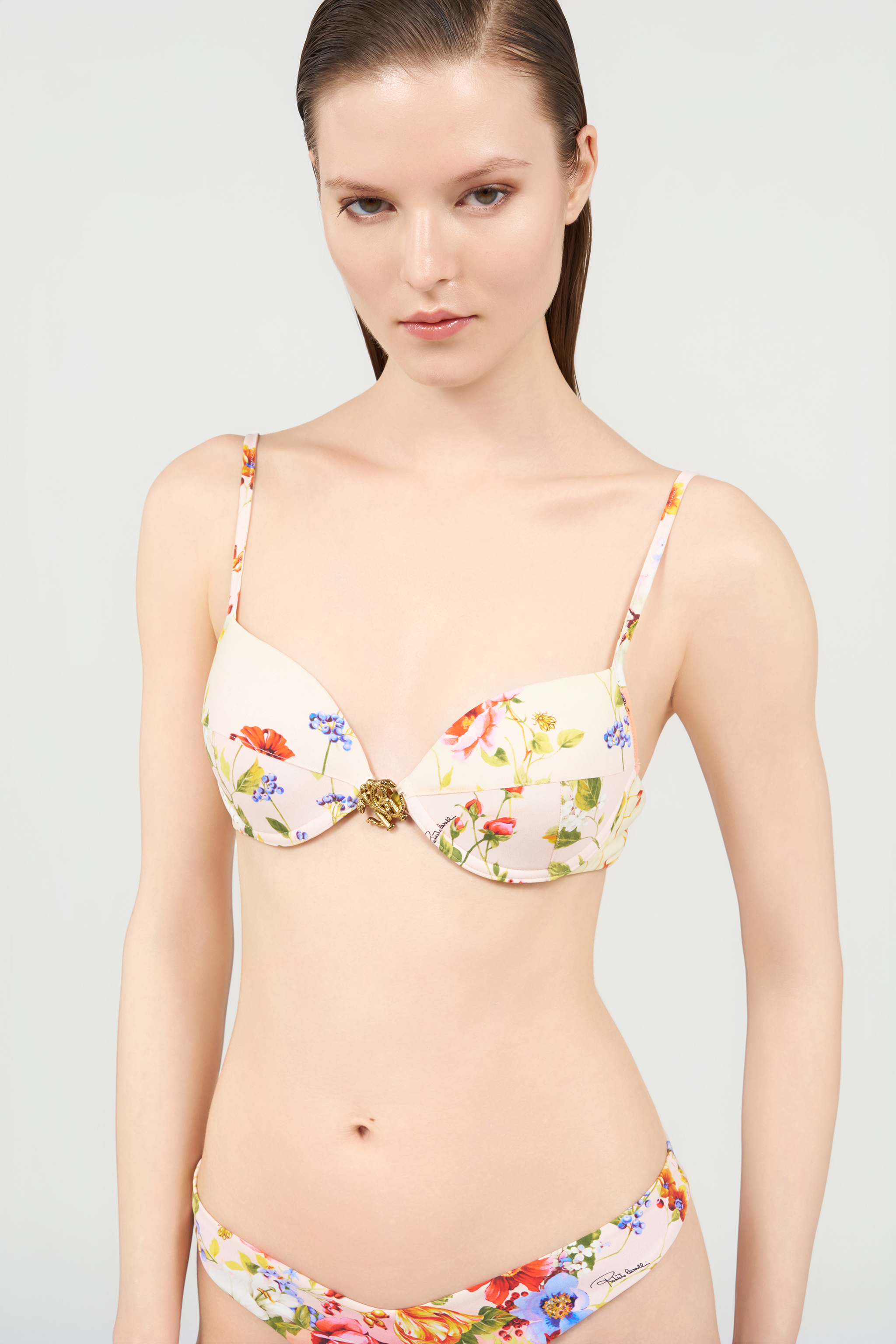 Roberto Cavalli Floral Print Detail Bikini Top In Pink