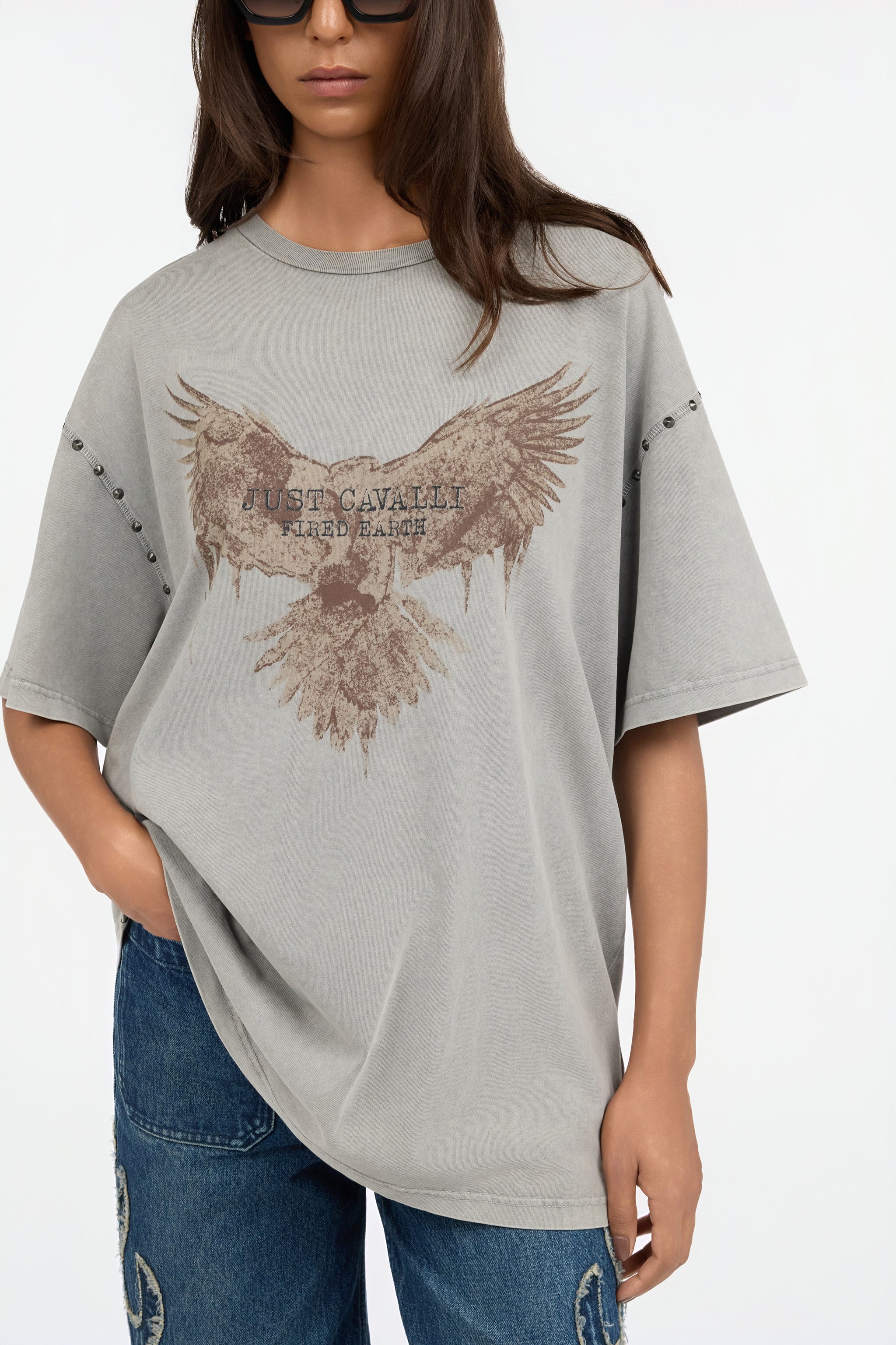 Roberto Cavalli Grey T-shirt With Eagle Print And Studs In Gray