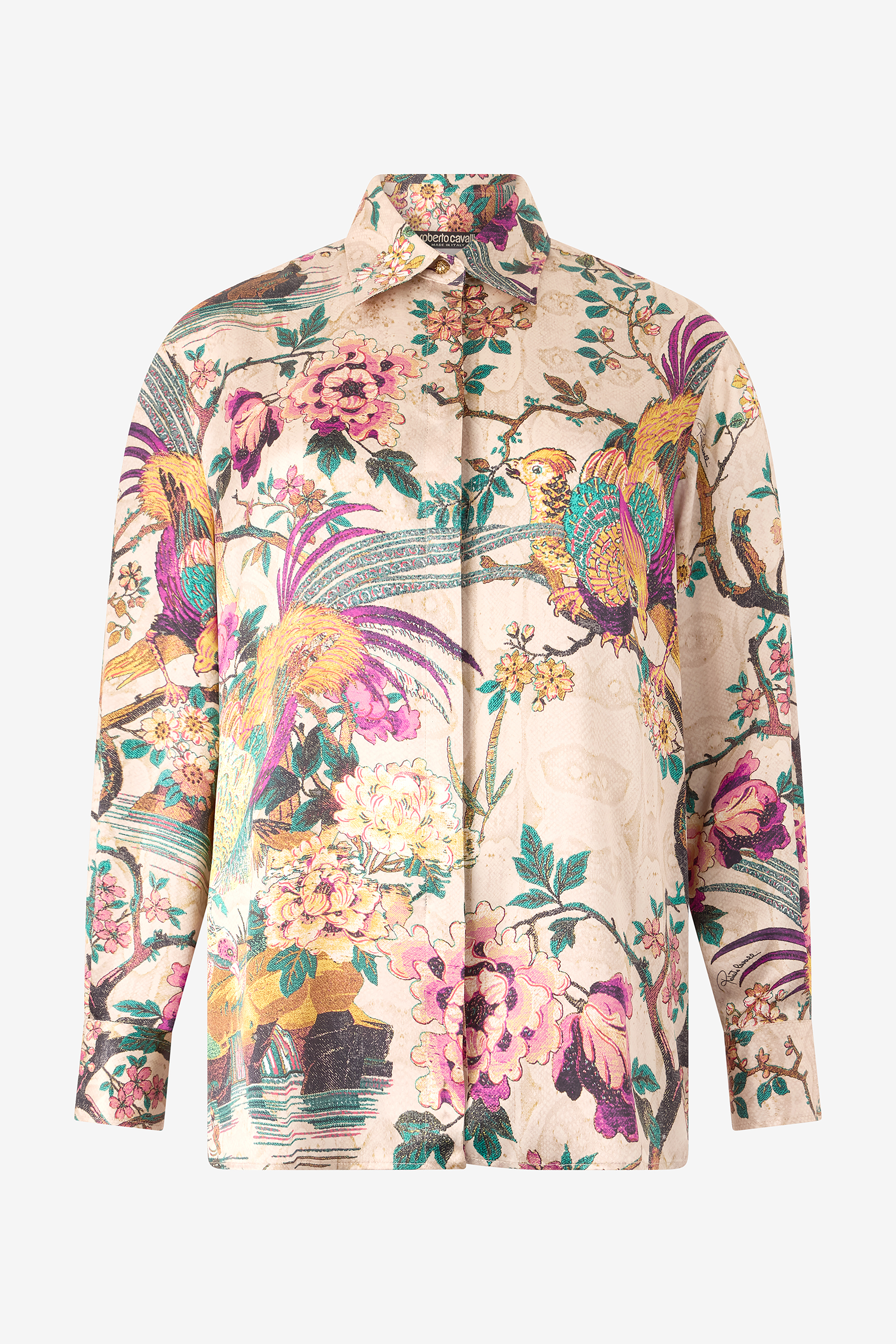 Roberto Cavalli Silk Shirt With Floral And Pheasant Print