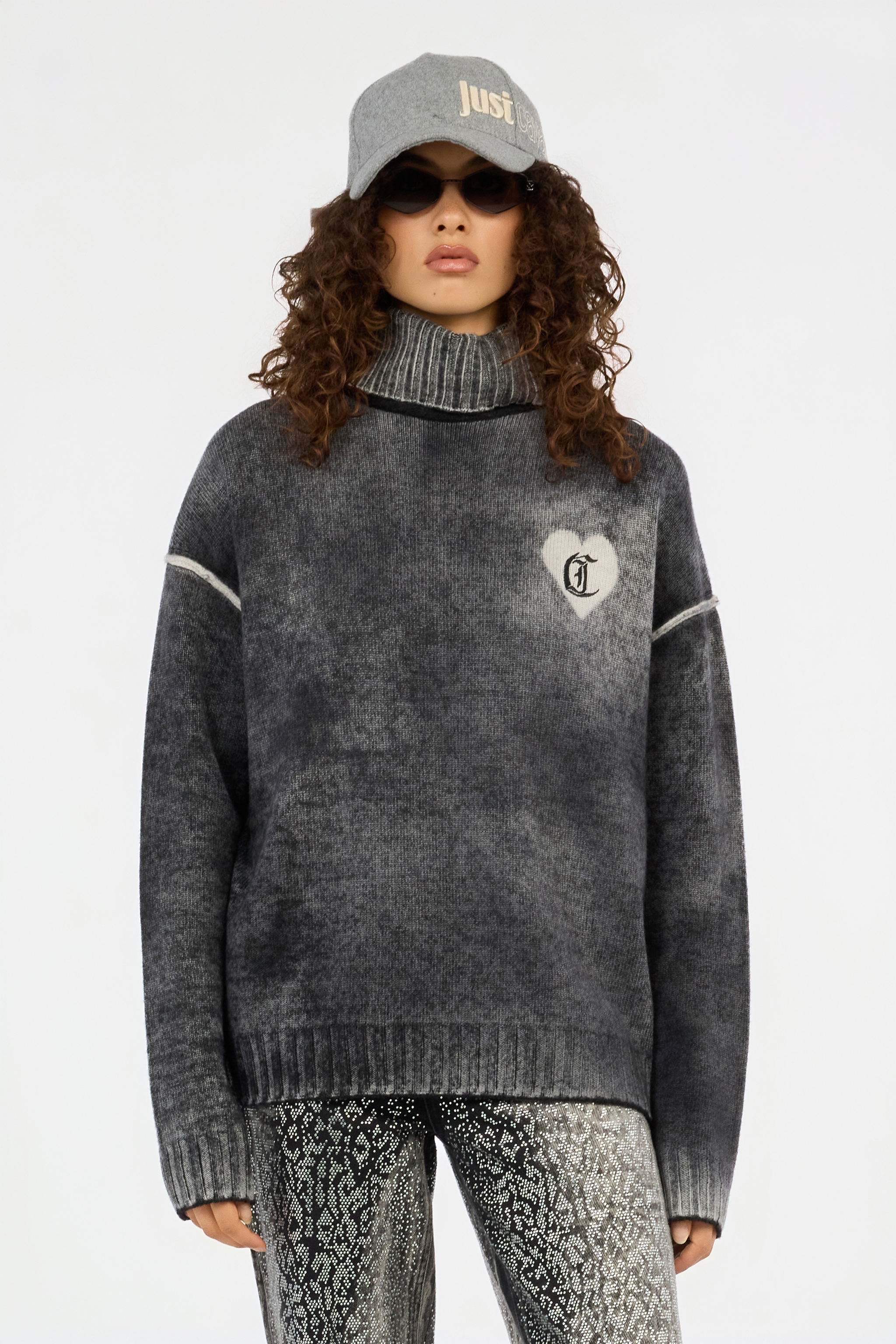 Roberto Cavalli Grey Turtleneck Sweater With Heart Logo In Gray