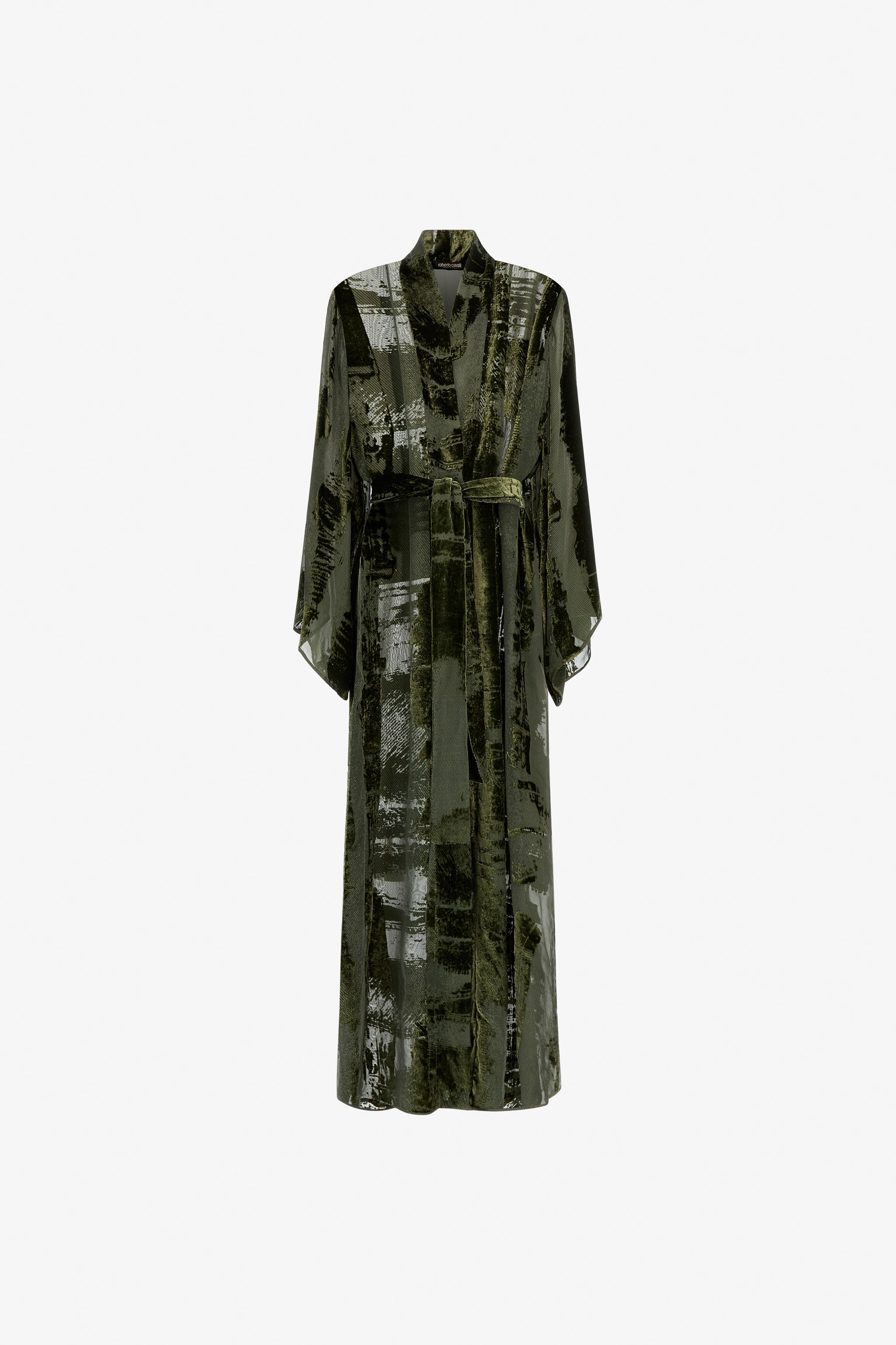 Roberto Cavalli Panelled Velvet Robe Coat In Dark Green