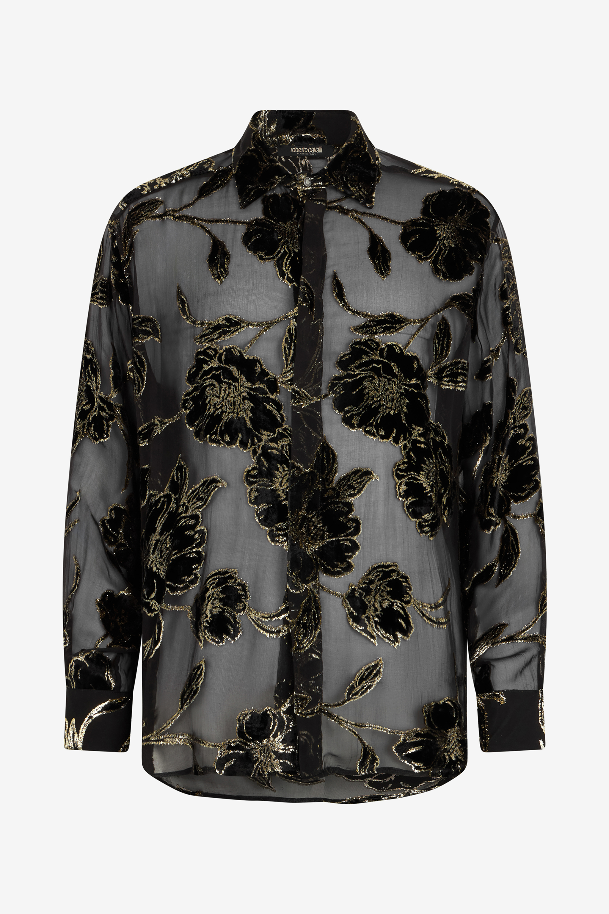Roberto Cavalli Men's Black/Gold And See-Through Shirt With Floral Pattern - Shirts And