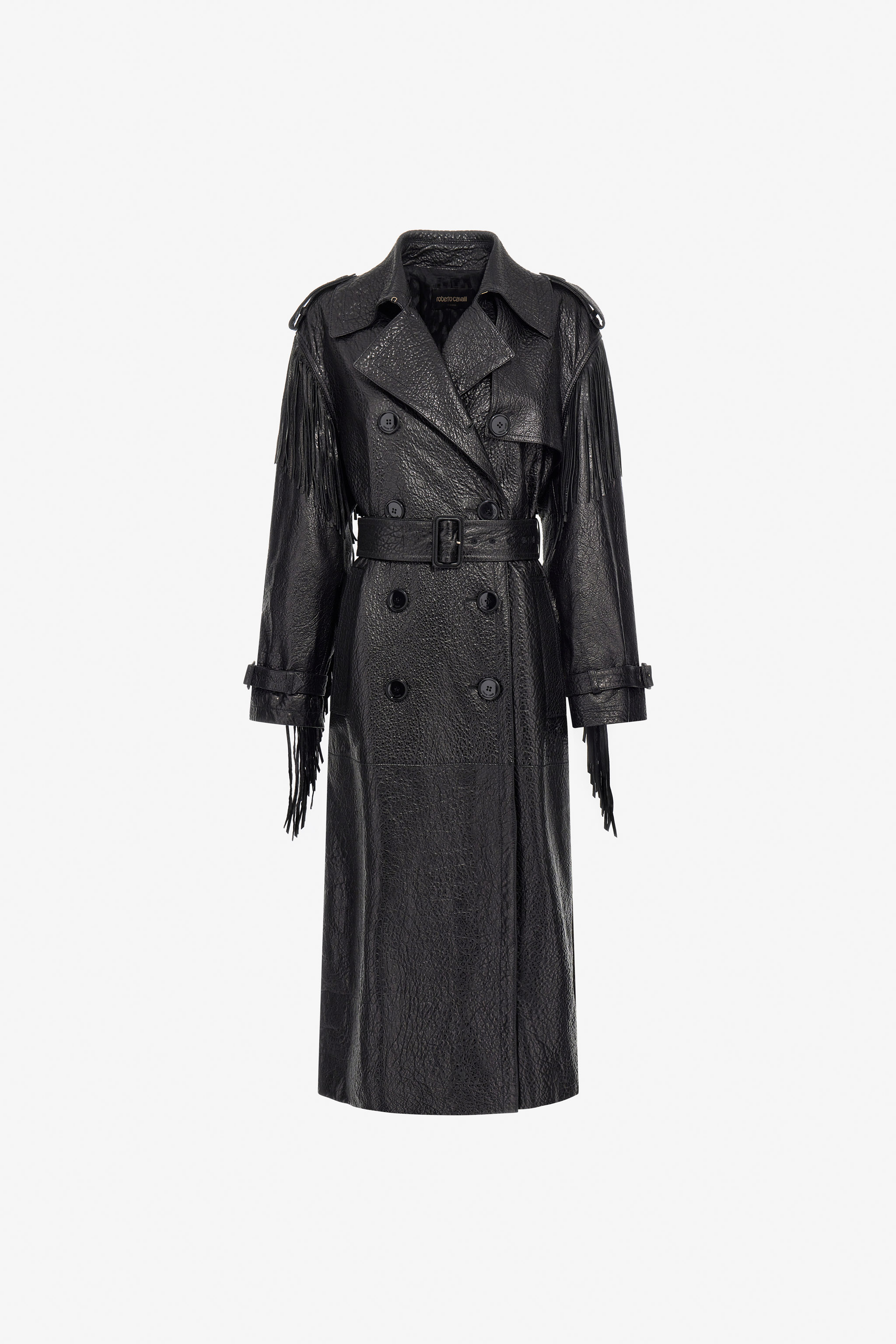 Roberto Cavalli Women's Black Fringed Leather Trench Coat - Ready To Wear