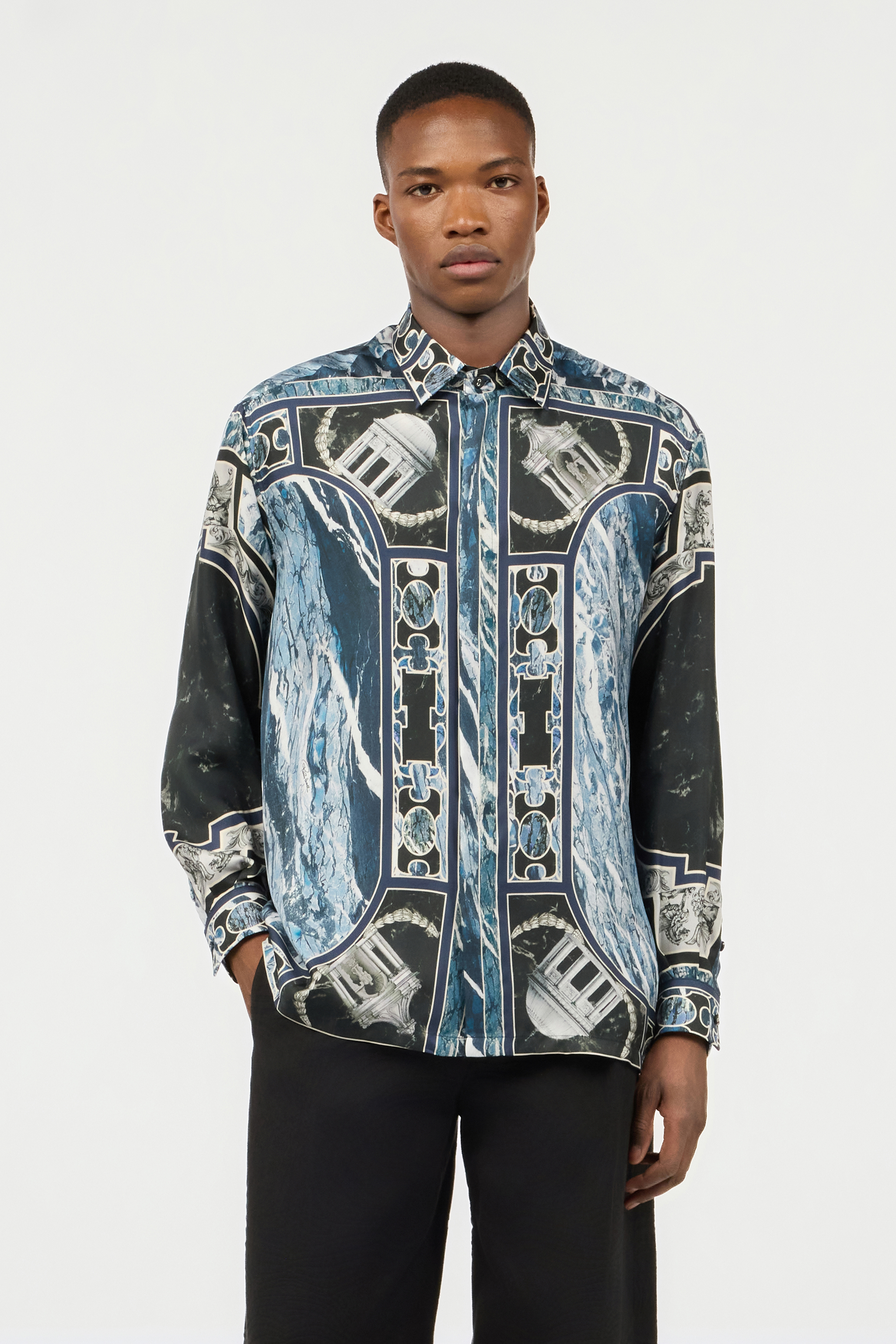 Roberto Cavalli Shirt With Marble Print And Embellishments In Dark Blue