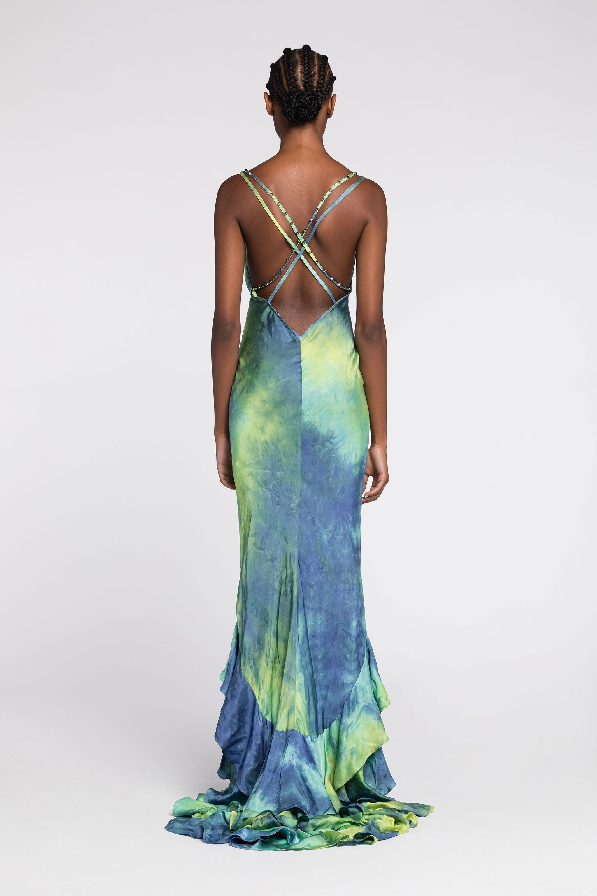 Roberto Cavalli Tie-dye Print Ruffle-hem Maxi Dress In Light Green/light Blue