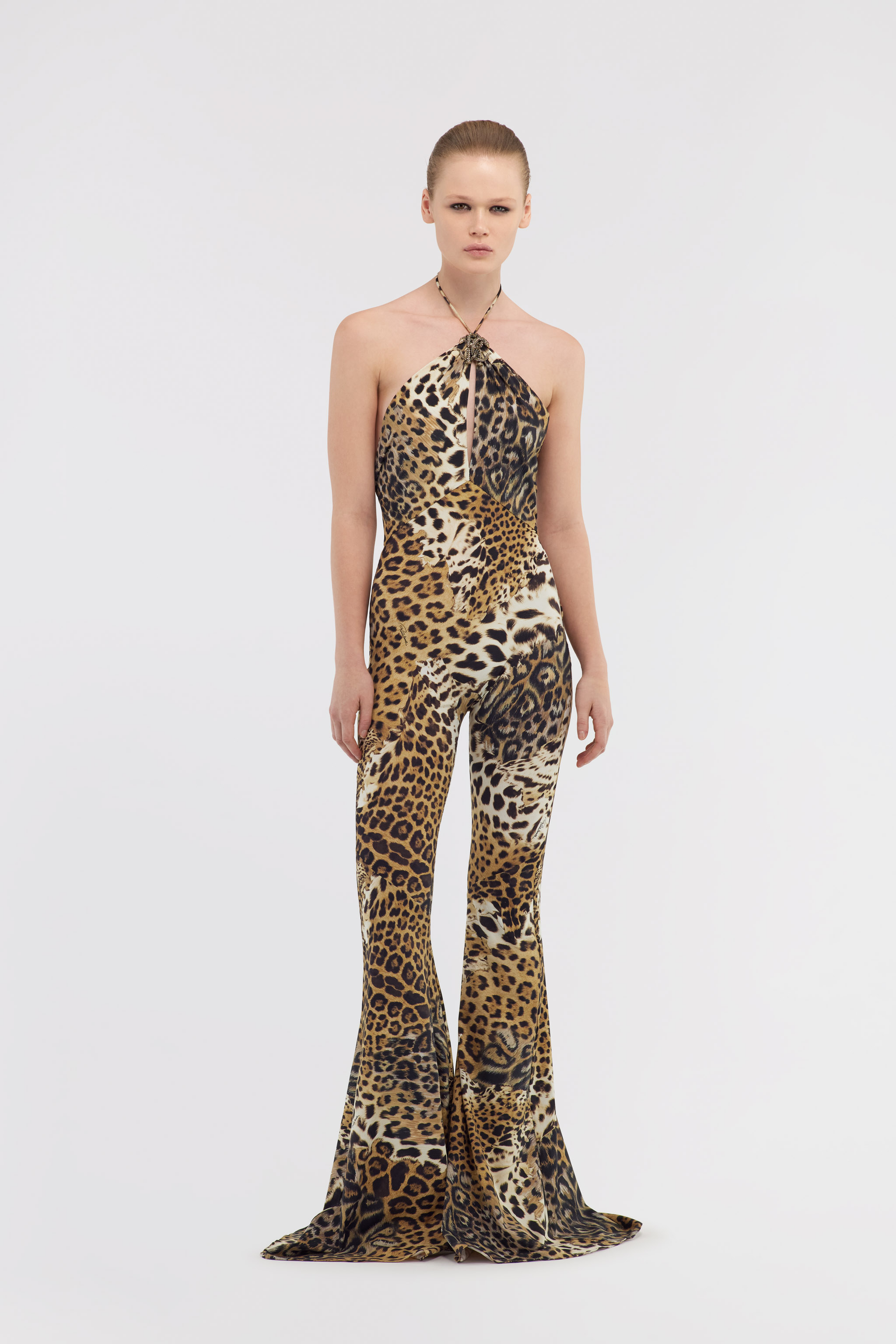 Roberto Cavalli Lycra Printed Halterneck Flared Jumpsuit In Light Brown